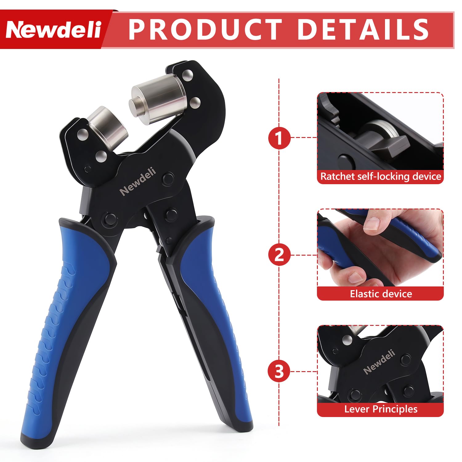 Newdeli Kit de herramientas de ojales: alicates de ojales de mano de 3/8 pulgadas con troquel de ojal intercambiable de 1/4 pulgadas y 500 pares de ojales y ojales de metal de 3/8 pulgadas y 1/4