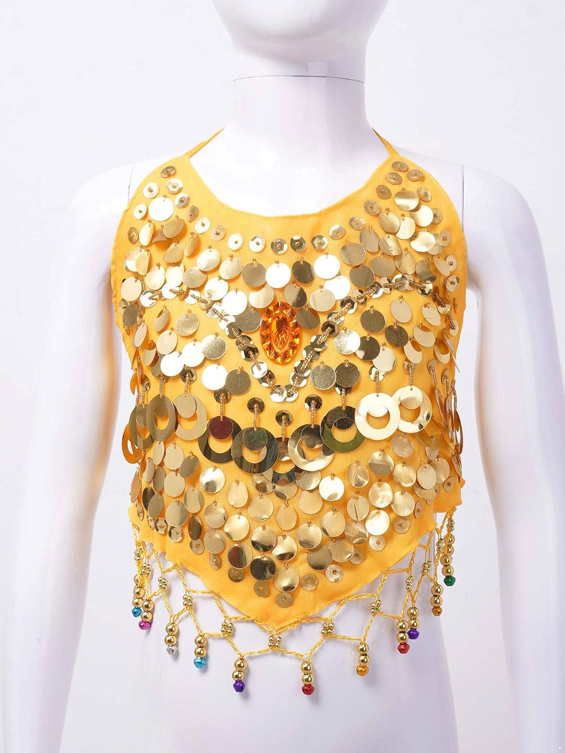FEESHOW Kids Girls Glitter Sleeveless Crop Top Lace-up Halter Neck Backless Sequins Bells Tassel Decor Top