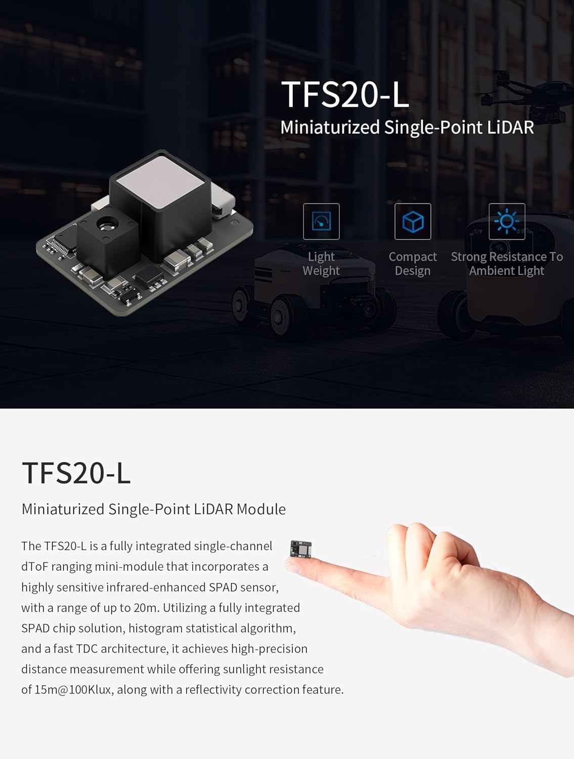 WayPonDEV TFS20-L Lidar Sensor communication protocol, laser parameters, and mechanical/electrical specifications