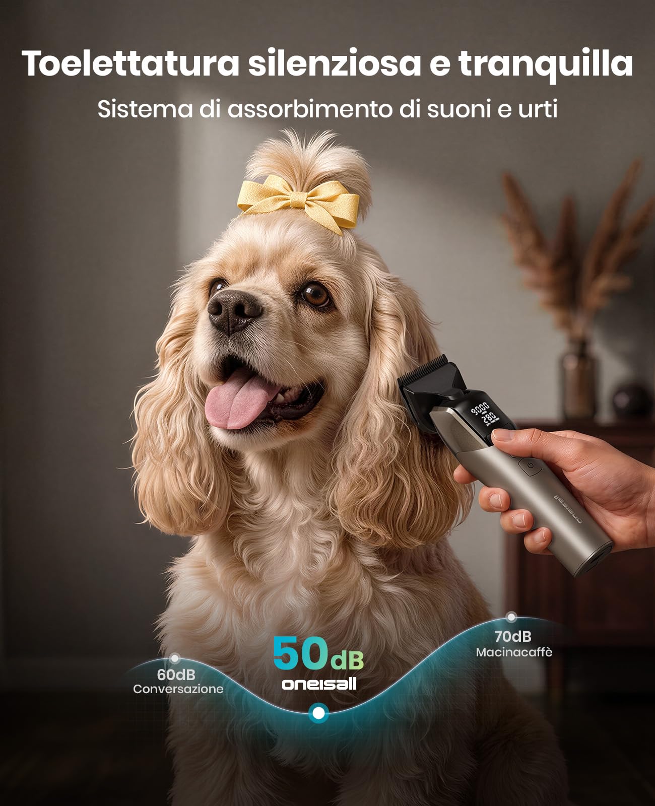 oneisall Tosatrice per Cani Professionale | 9000 RPM 5 velocità per mantelli spessi, lama 5-in-1 DLC, autonomia 280 min, silenzioso, con 8 pettini guida in metallo