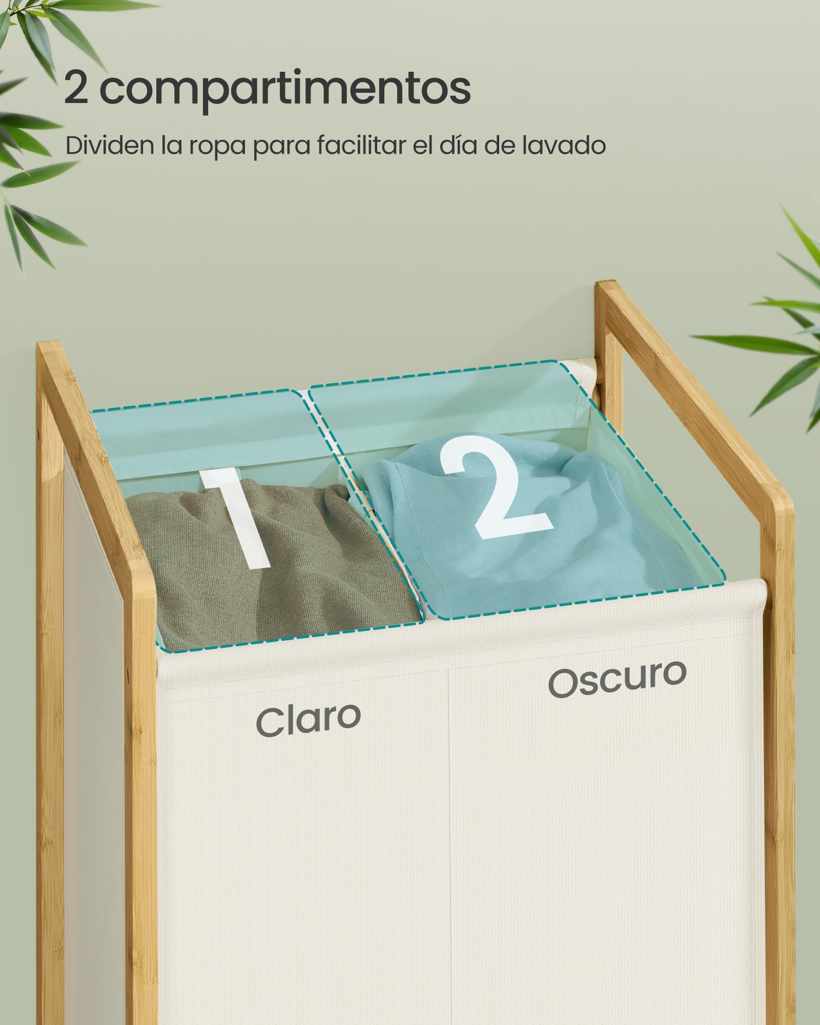 SONGMICS Cesto para Ropa Sucia de 2 Compartimentos, Marco de Bambú, Tapa Reforzada y Extraíble, Bolsa Interior Desmontable, 100 L, Blanco Crema RLH102WD01