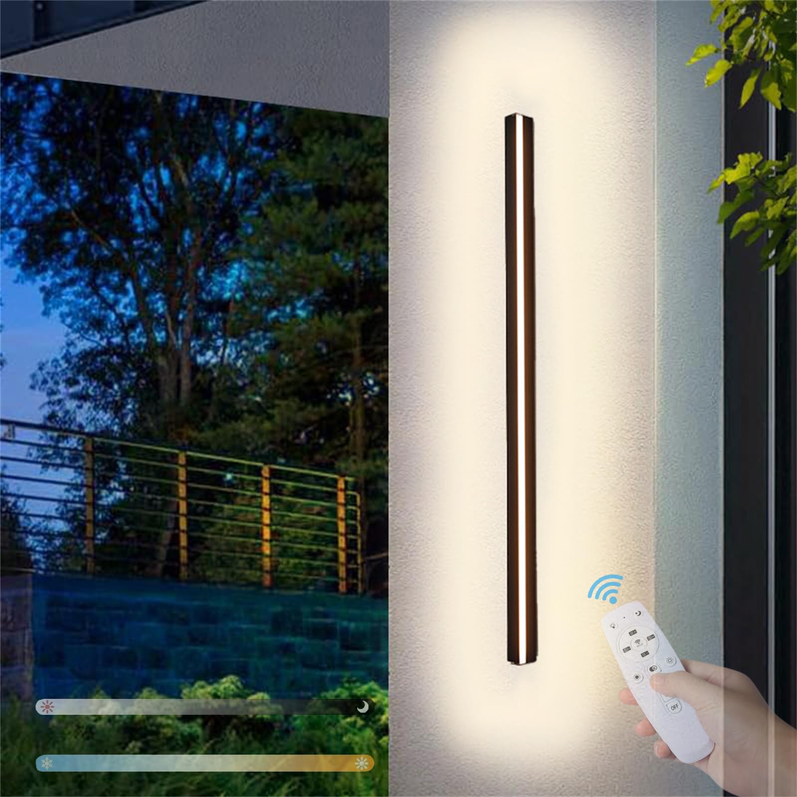 HELCEKOU IP65 Waterproof Minimalist Wall Sconce with Remote Control - Modern Black Outdoor Light Fixture, Aluminium Acrylic Design for Patio, Garage, Garden (40cm)