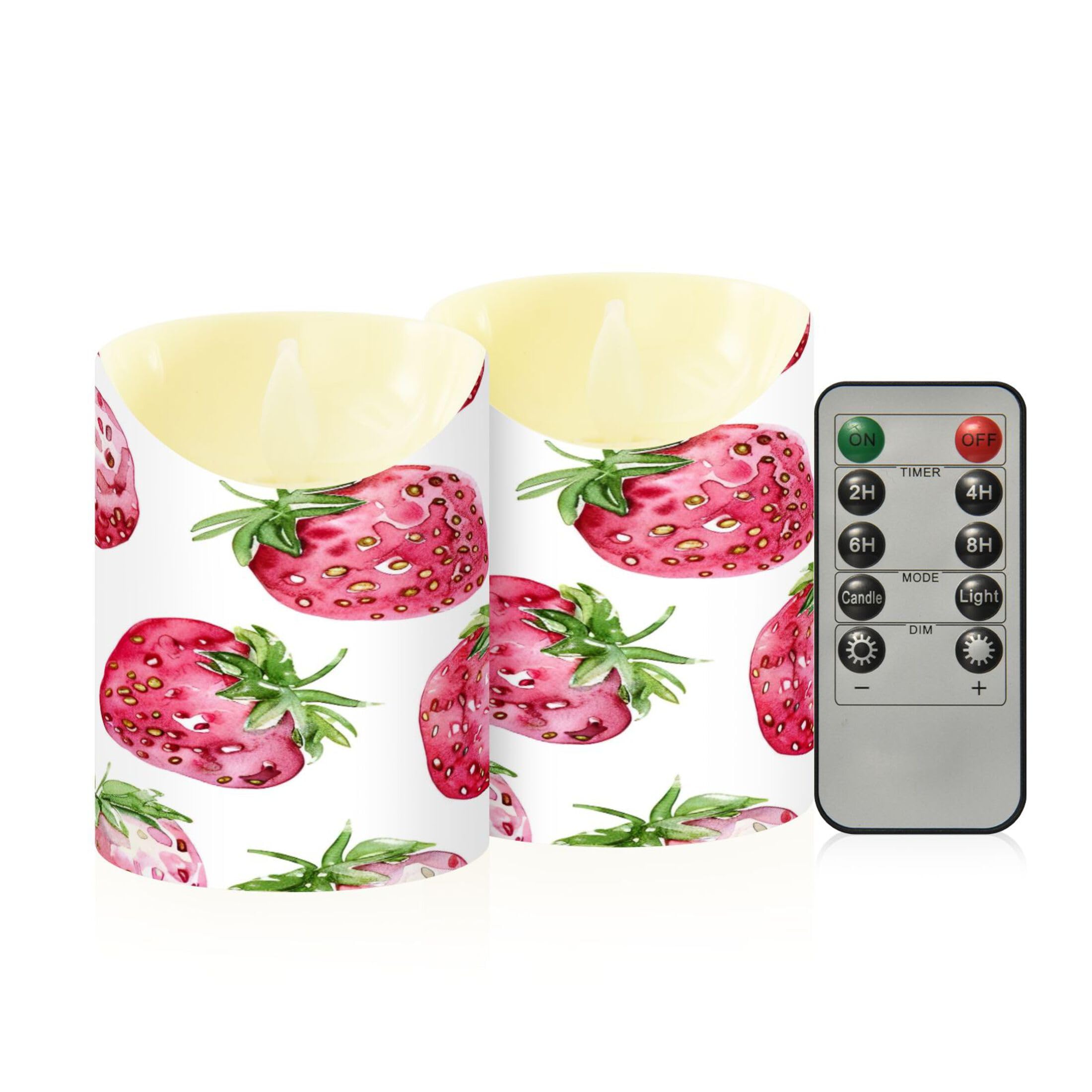 Kutsu Strawberries Flameless Candles Set of 2, Battery Operated LED Flickering Candles with Remote and Timer, Plastic Pillar Candles for Home Wedding Decor