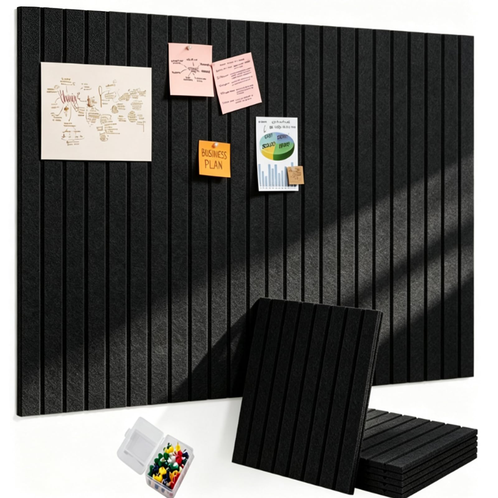 Oatmeal Felt Bulletin Board Tiles, 48"x36" Large Cork Board Alternative, 12-Pack Slat Wall Paneling for Office, with 30 Pushpins & 70 Adhesive Tabs (Black, 6-Pack)