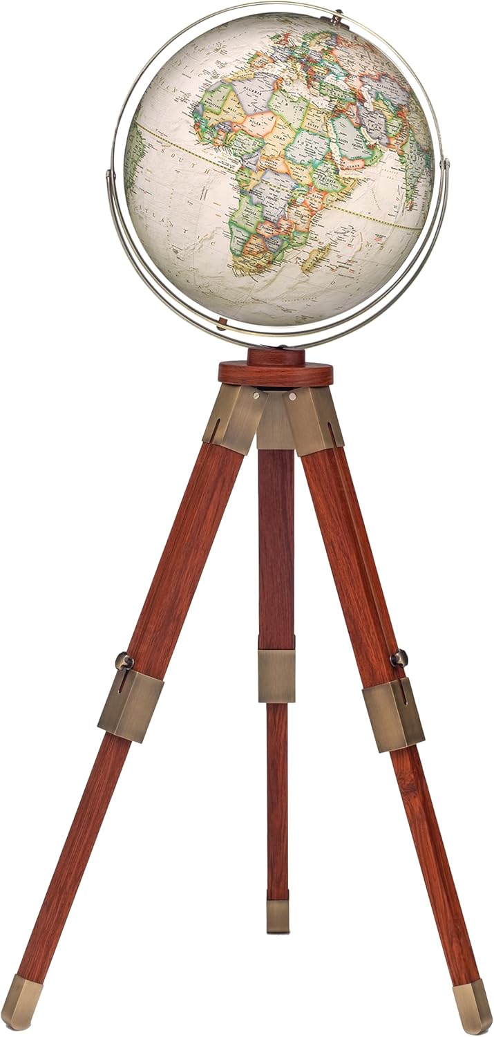 Eaton III 16" Diameter, National Geographic floor-standing globes is a beautiful home décor piece and hands-on reference guide for geography. This stylish globe with updated cartography will be the center piece for any room in your home or office. Also, the adjustable tripod stand allows for the globe to be displayed at a height that will make your viewing the most comfortable and easily adapting to different locaitons in your room. Thousands of place names give an accurate view of contemporary political boundaries. Raised relief helps distinguish topographic features around the world. Its antique brass plated gyro-matic meridian and hardware perfectly match the walnut stained hardwood legs and add to the look of this handsome tripod stand.