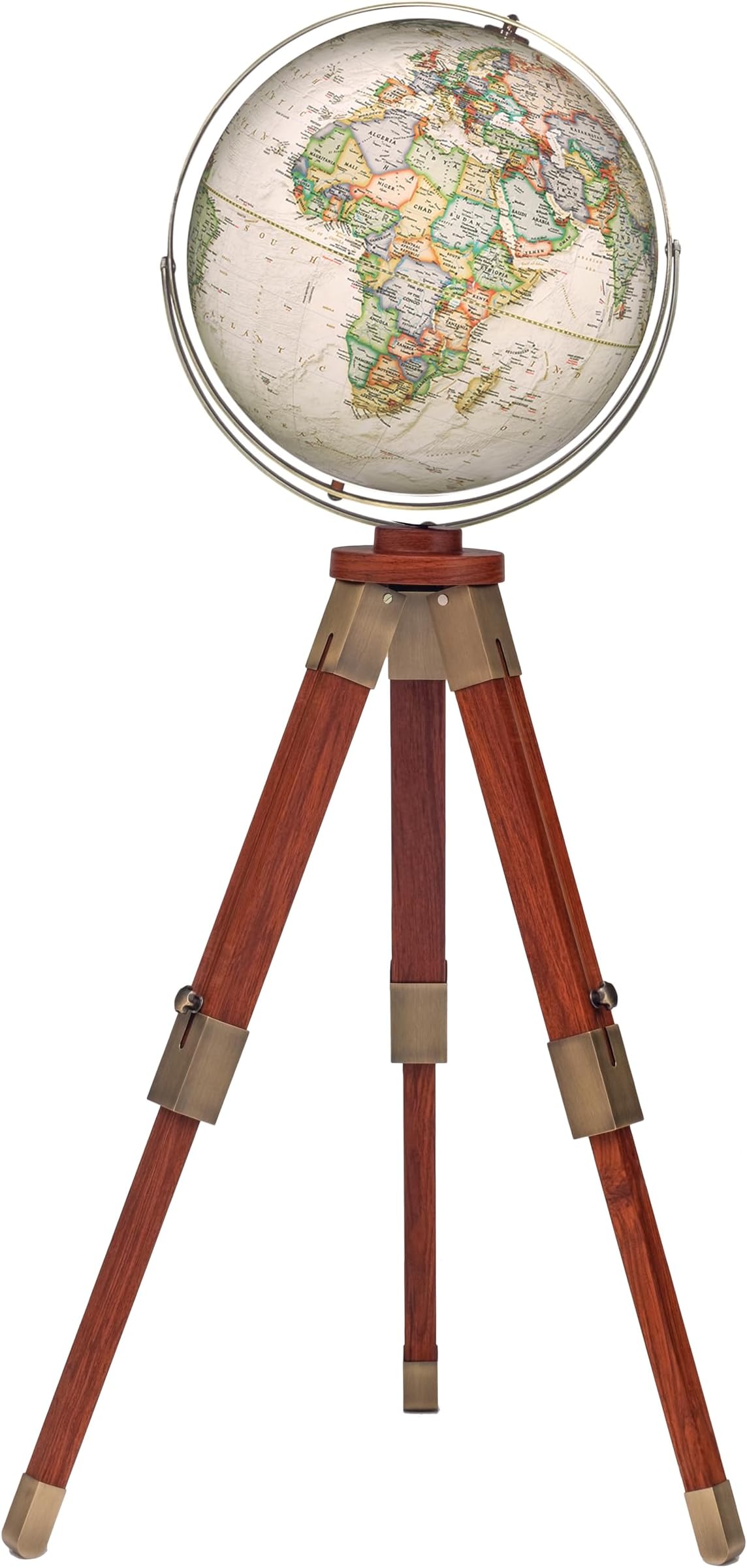 Eaton III 16" Diameter, National Geographic floor-standing globes is a beautiful home décor piece and hands-on reference guide for geography. This stylish globe with updated cartography will be the center piece for any room in your home or office. Also, the adjustable tripod stand allows for the globe to be displayed at a height that will make your viewing the most comfortable and easily adapting to different locaitons in your room. Thousands of place names give an accurate view of contemporary political boundaries. Raised relief helps distinguish topographic features around the world. Its antique brass plated gyro-matic meridian and hardware perfectly match the walnut stained hardwood legs and add to the look of this handsome tripod stand.