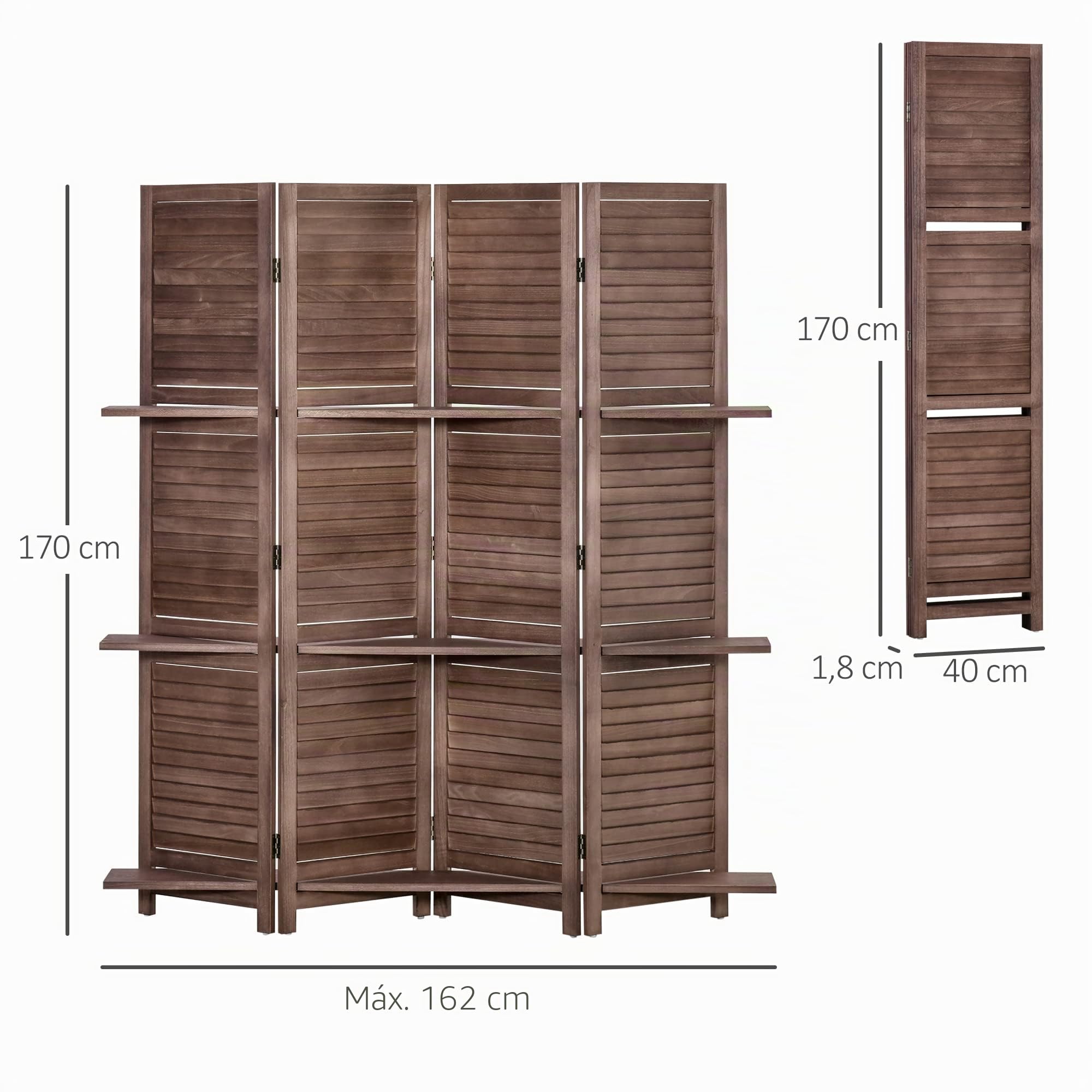 HOMCOM Biombo Plegable de 4 Paneles con 3 Estantes 162x170 cm Nogal