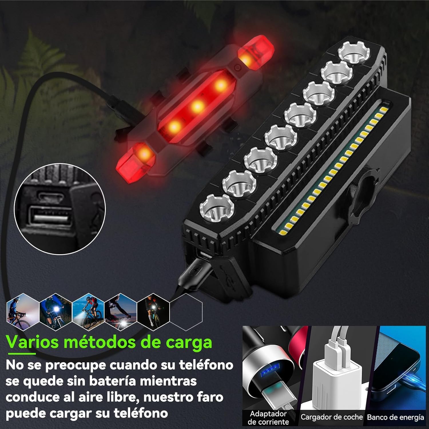Set di Luci per Bici Ricaricabili con 11 Modalità Illuminazione Funzione Bank da 4000mAh Campana 130dB IP65 Perline LED Ultra Luminose Ciclismo e Attività