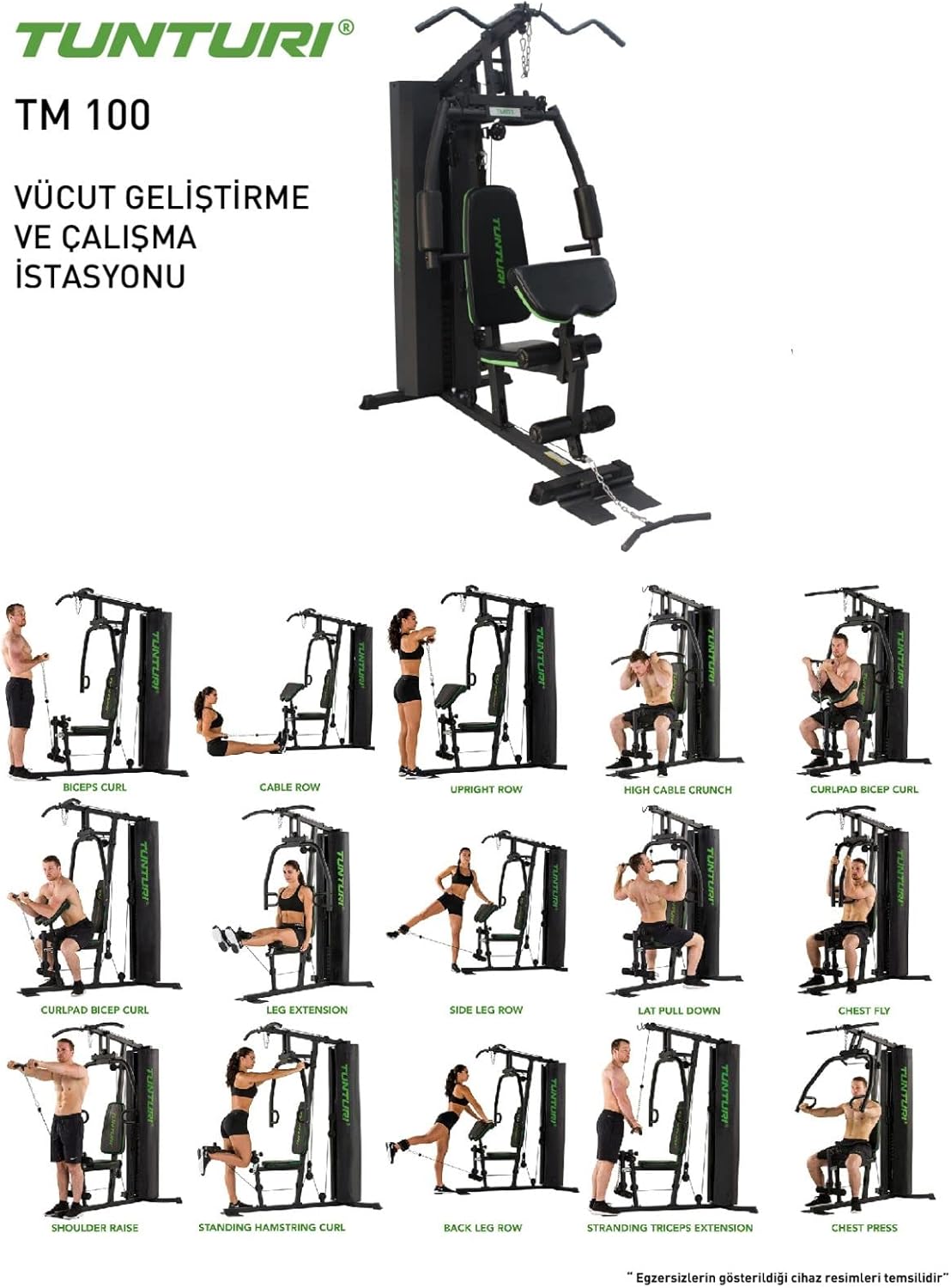 Tunturi TM 100 showing various exercises like biceps curl, cable row, leg extension, lat pull down, chest press