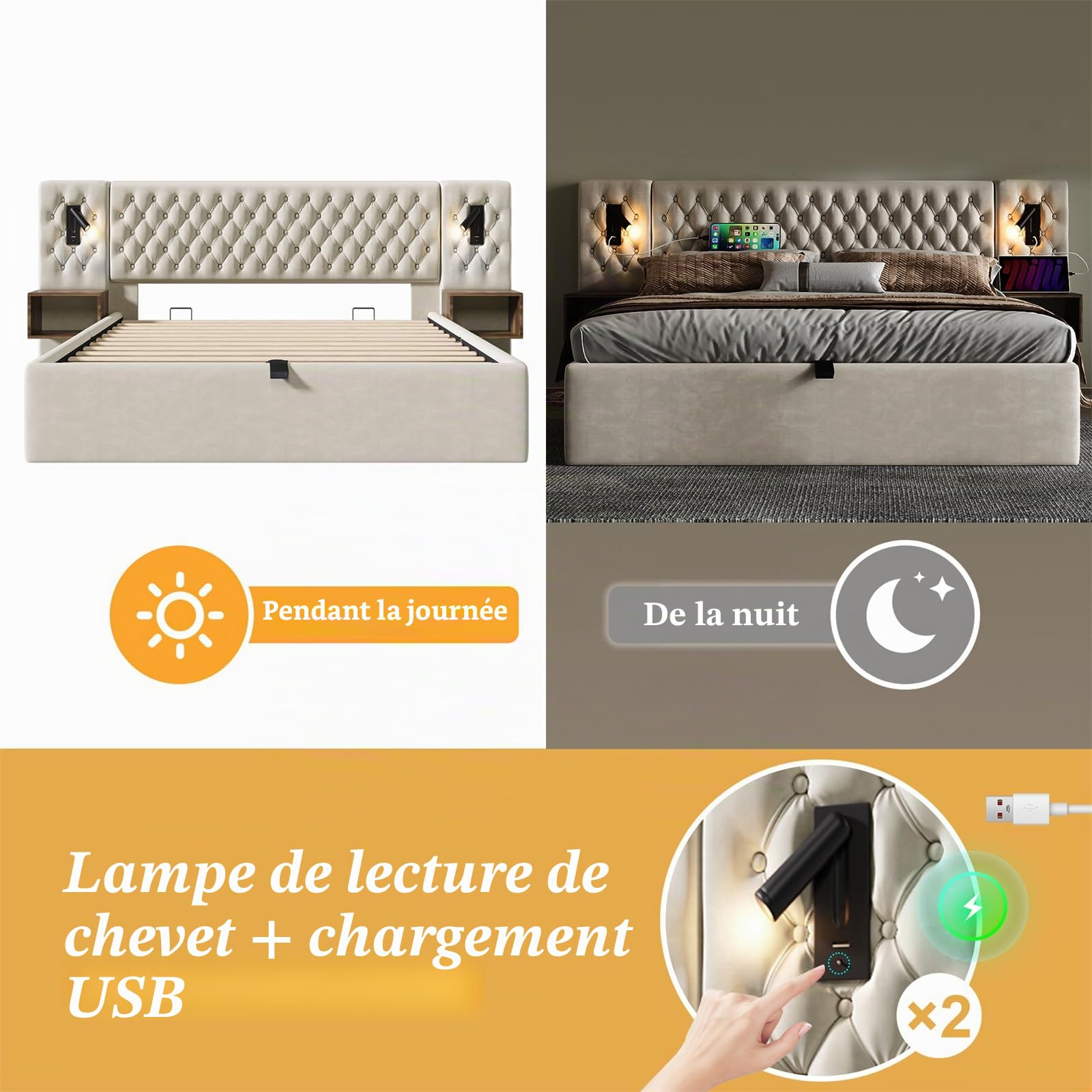 Ensemble Complet de Lit pour Chambre à Coucher, Lit Double, 160 x 200 cm, lit de Rangement hydraulique, avec 2 Tables de Chevet, Lampe de Lecture avec Fonction de Charge USB, Beige,(sans Matelas)