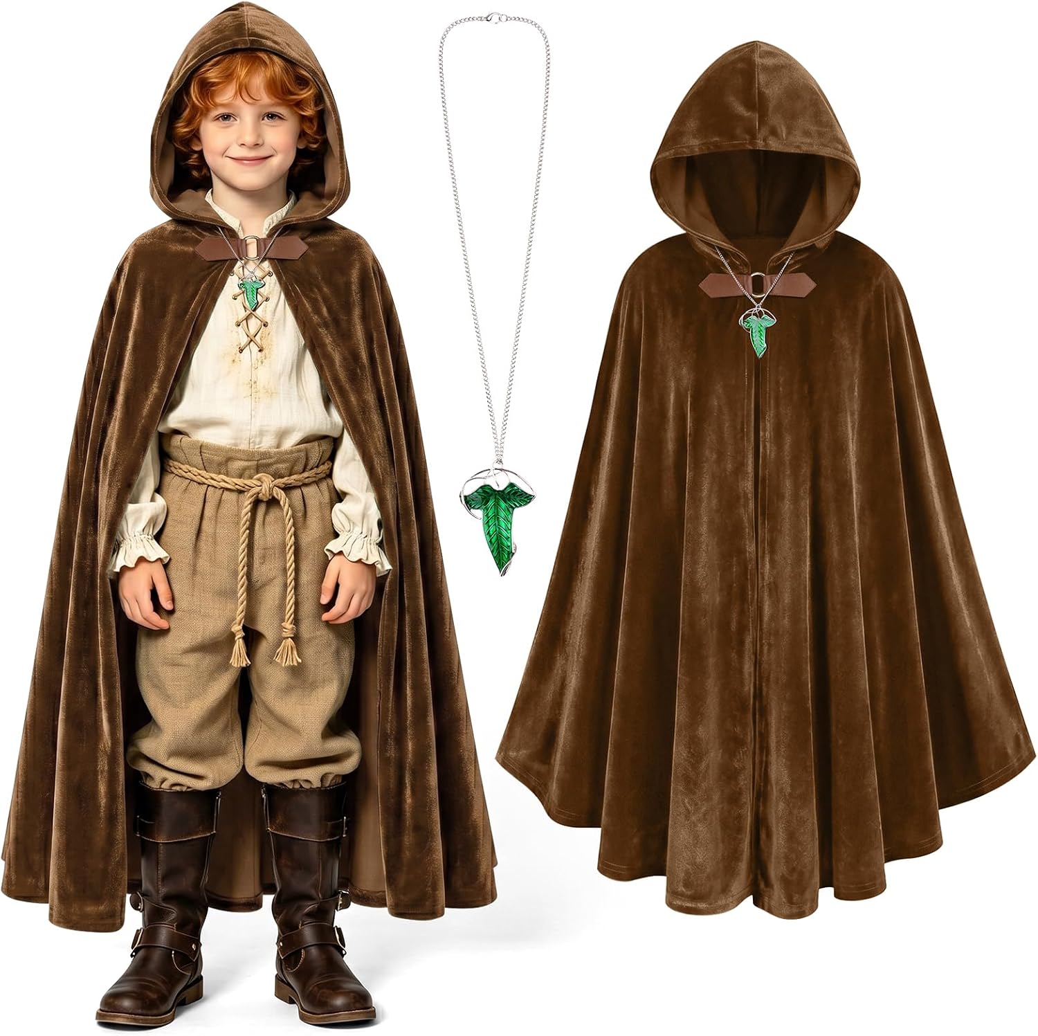 Średniowieczny płaszcz z kapturem, peleryna hobbitowa, 2 szt. peleryna na Halloween dla kobiet mężczyzn z naszyjnikiem, Renesans peleryna dla dorosłych na Halloween Halloween Cosplay, 100 cm