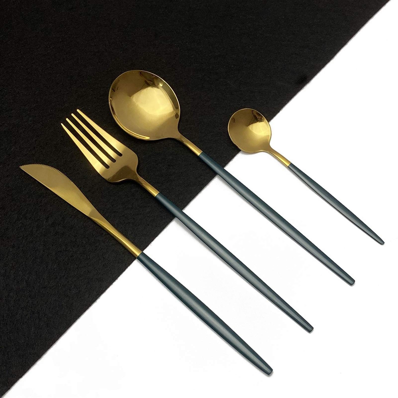 24 unids Gold White Shiny Weaverware Set Cuchillo de acero inoxidable Cuchilla Cuchara Cubiertos Conjunto Cocina Cubiertos Vajilla Conjunto (Color : Green Gold)