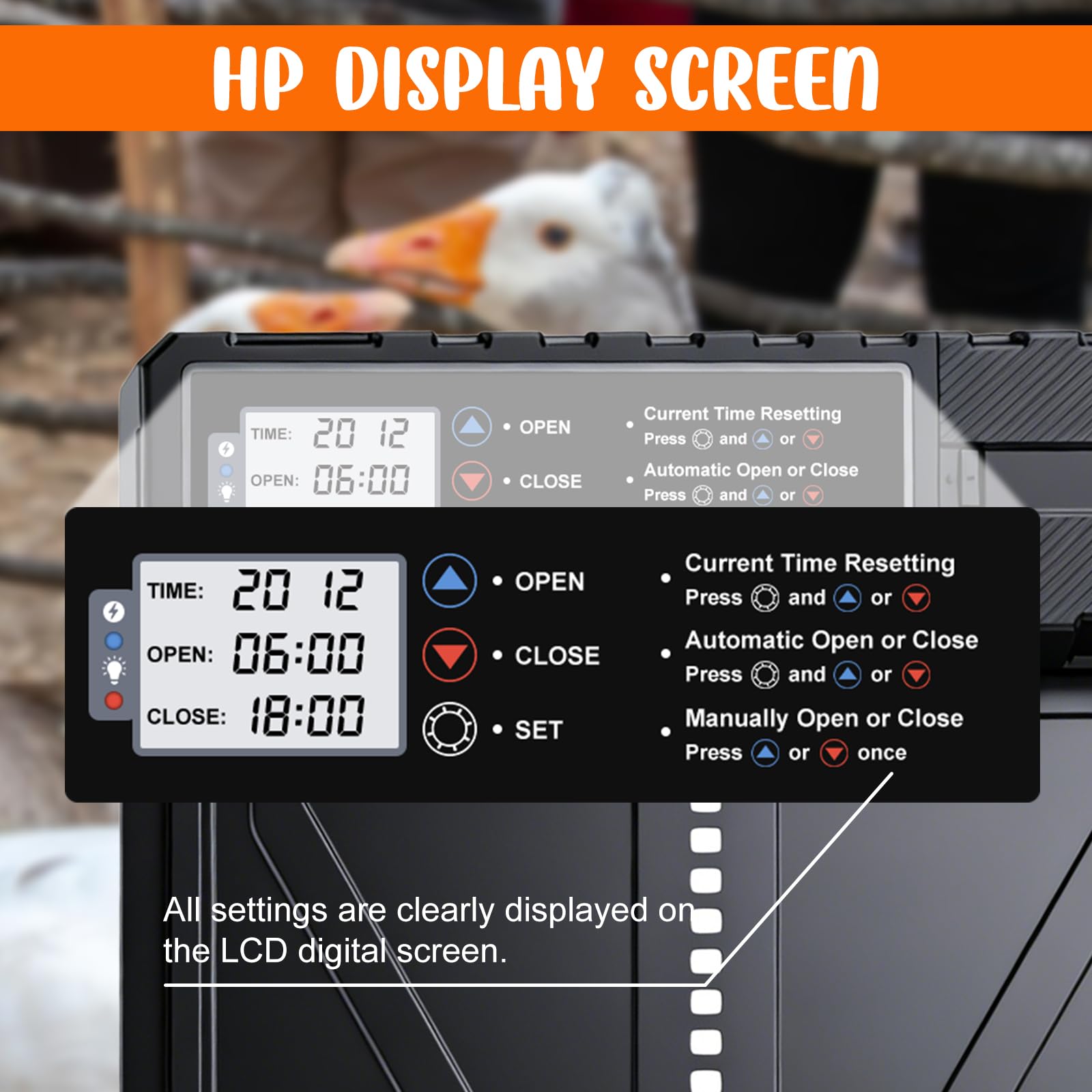 Batería automática de gallina, tamaño de aluminio puerta eléctrica de pollo con pantalla+temporizador+protección inteligente contra pellizcos Modo manual, funciona con pilas (pilas no incluidas)