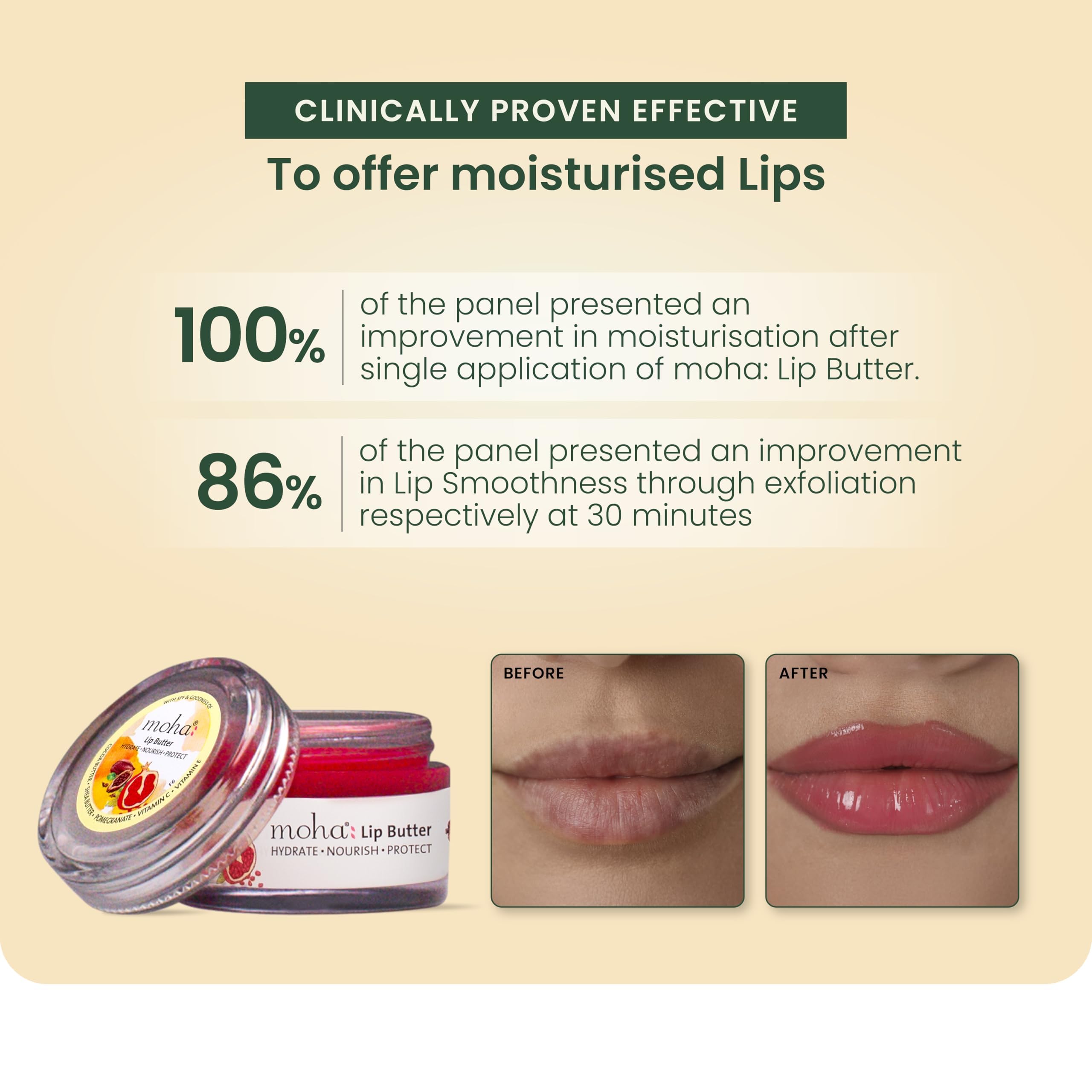 Moha Lip Butter for Dry & Pigmented Lips | Balm with Cocoa & Shea Butter, Pomegranate, Vitamin C & E | Heals Chapped Lips, Deep Nourishment, Clinically Proven Long Lasting & Brightens Tone | Reduce Pigmentation, Smooths & Softens Lip - 10g