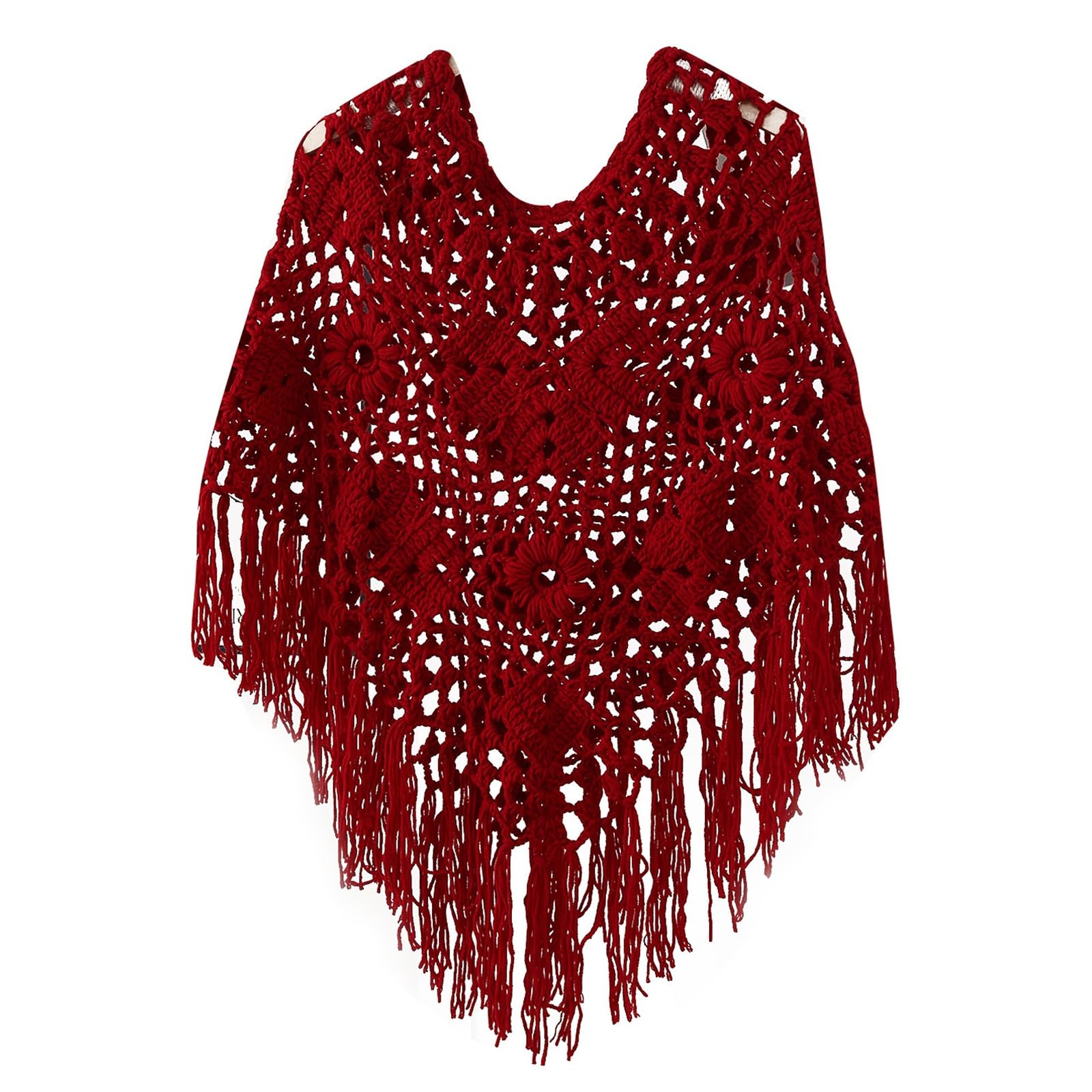 Poncho de ganchillo con diseño floral calado y acabado de flecos estilo boho casual 8