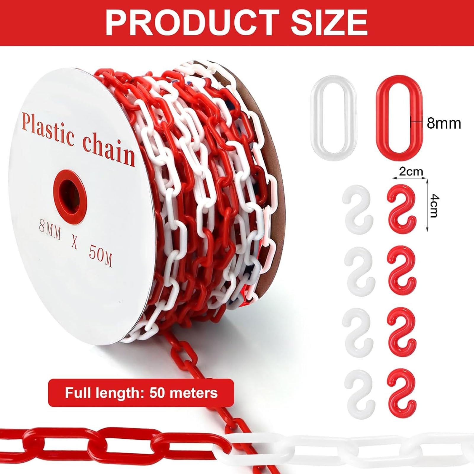 50 m Absperrkette Rot Weiß Kunststoffkette, 8mm Warnkette Plastikkett, Kunststoff Absperrkette mit 8 Karabinern für Barrieren in Auffahrten, Arbeitsplätzen und Garagen