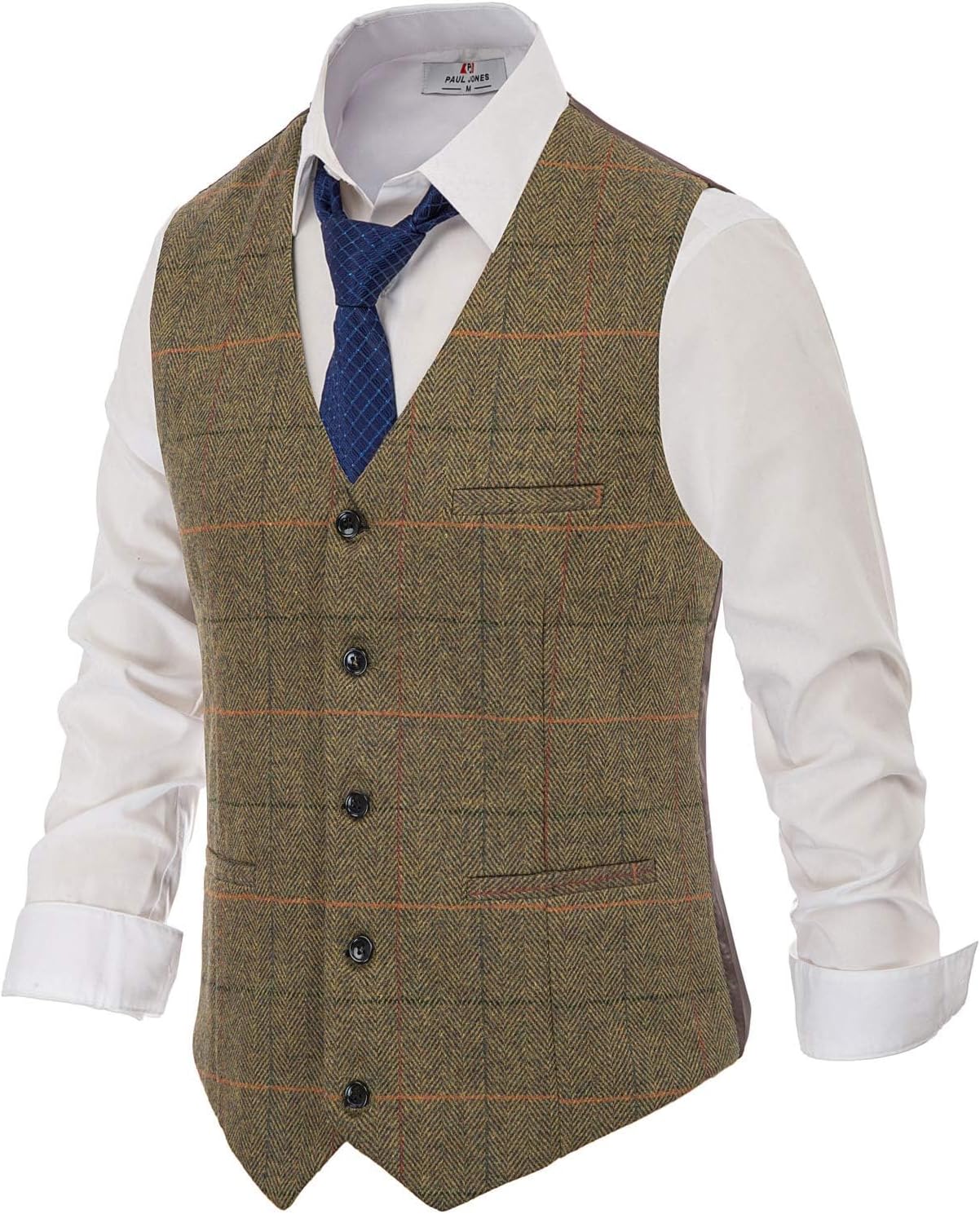PJ PAUL JONES Men's Herringbone Tweed Suit Vest Casual Wool Blend Waistcoat