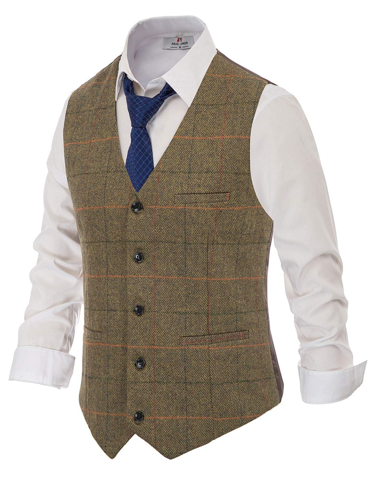 pj paul jones Men's Business Suit Vest Slim Fit Layered Plaid Waistcoat Tweed Vest-picture-28