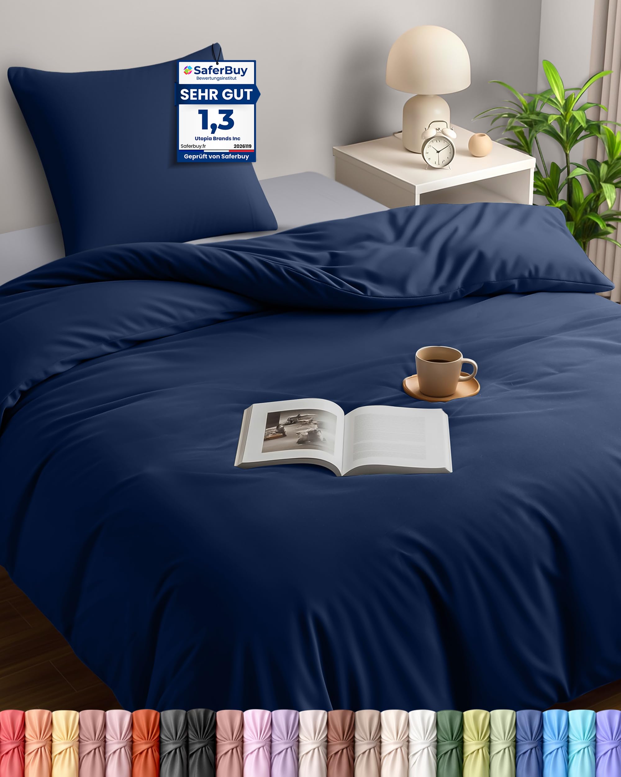 Utopia Bedding Bettwäsche 135x200 cm + 1 Kissenbezug 80x80 cm, Marineblau
