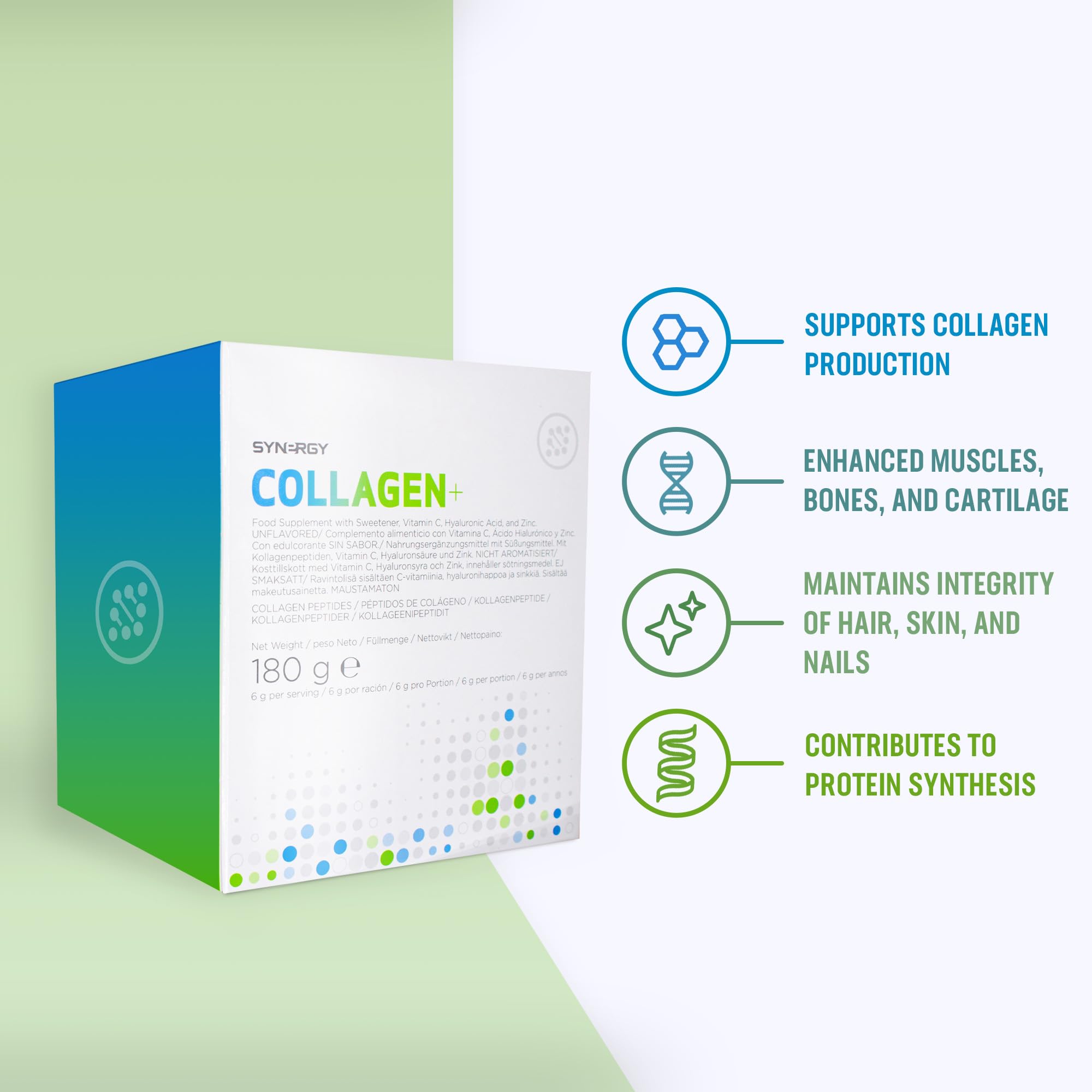Synergy Worldwide Collagen+ 30 porcji | 5810 mg kolagenu z witaminą C, kwasem hialuronowym i cynkiem | Wspomaga produkcję kolagenu i wzmacnia skórę, włosy, paznokcie i stawy | Bez smaku | 180gr
