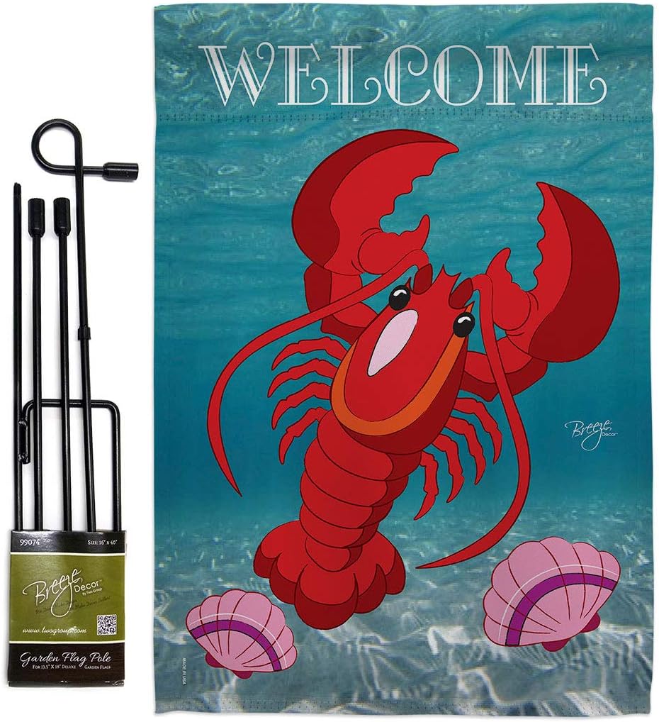 Breeze Decor GS107026-BO Lobster Coastal Sea Animals Decorative Vertical Banner Pole, Garden Flag Set 13"x 18.5" w/Flagpole, Multi-Color