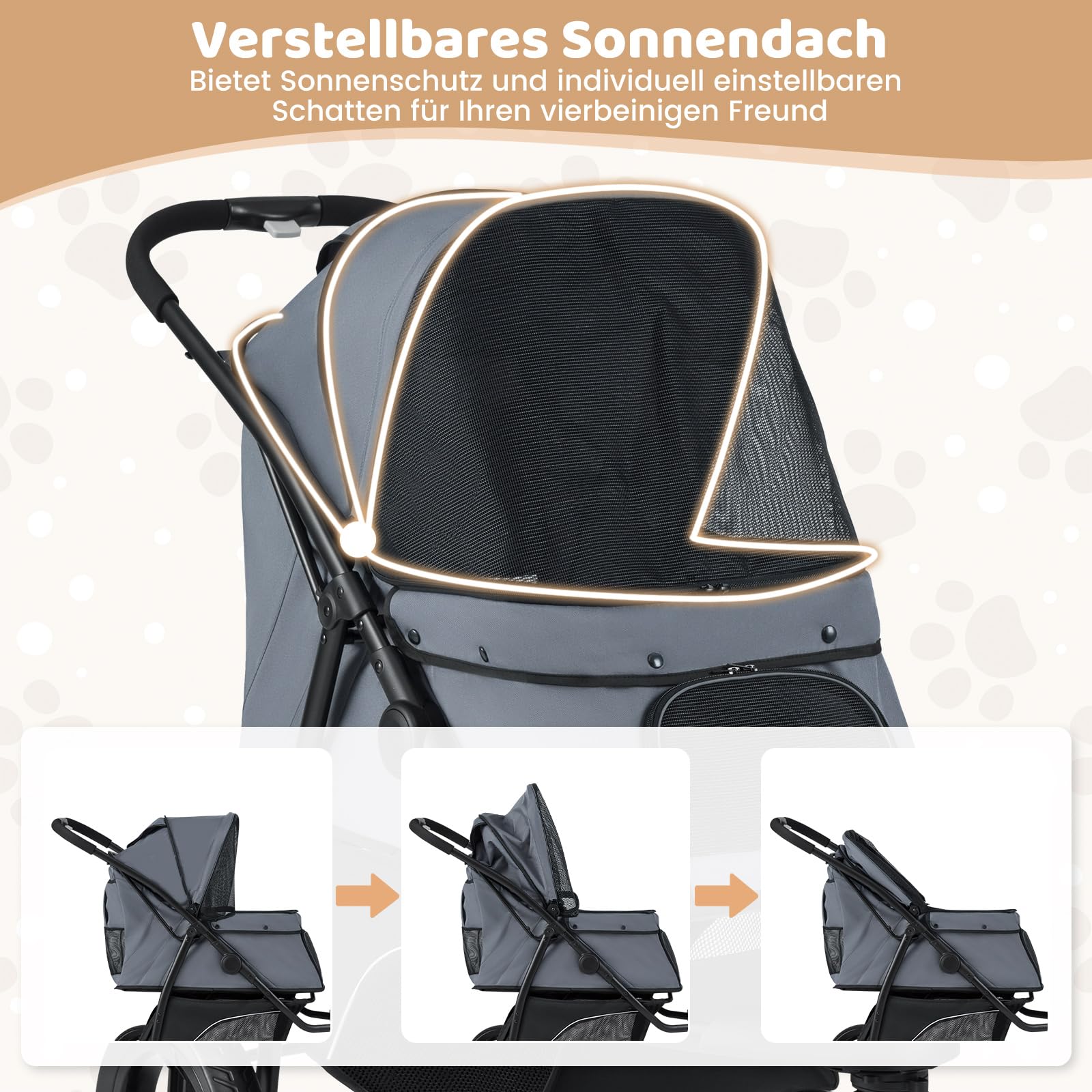 COSTWAY Hundewagen klappbar, Hundebuggy bis 25 kg, Katzenwagen 3 Rad, Haustierwagen mit verstellbarem Sonnendach, Netzfenster, Korb & Polster, Haustierbuggy für Katzen Hunde (Grau)