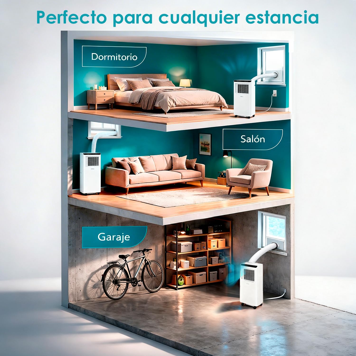 Daitsu Aire acondicionado portátil 3 en 1: Frío, Deshumidificador, Ventilador | Hasta 22 m² | Clase A | Mando inalámbrico | Silencioso y Compacto | Aeris Cool APD-09FXA