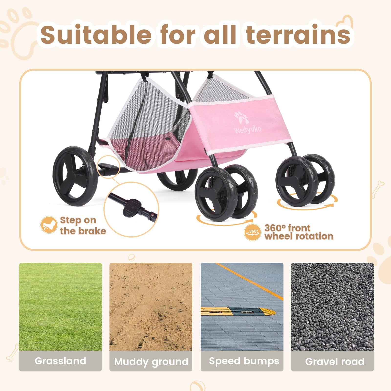 Haustier-Kinderwagen, Faltbarer Katzen-Hunde-Kinderwagen, Haustier-Hunde-Kinderwagen mit Aufbewahrungskorb, 360° Vorderrad Hinterrad mit Bremse, Leichter Reise-Kinderwagen (Rosa-P02C)