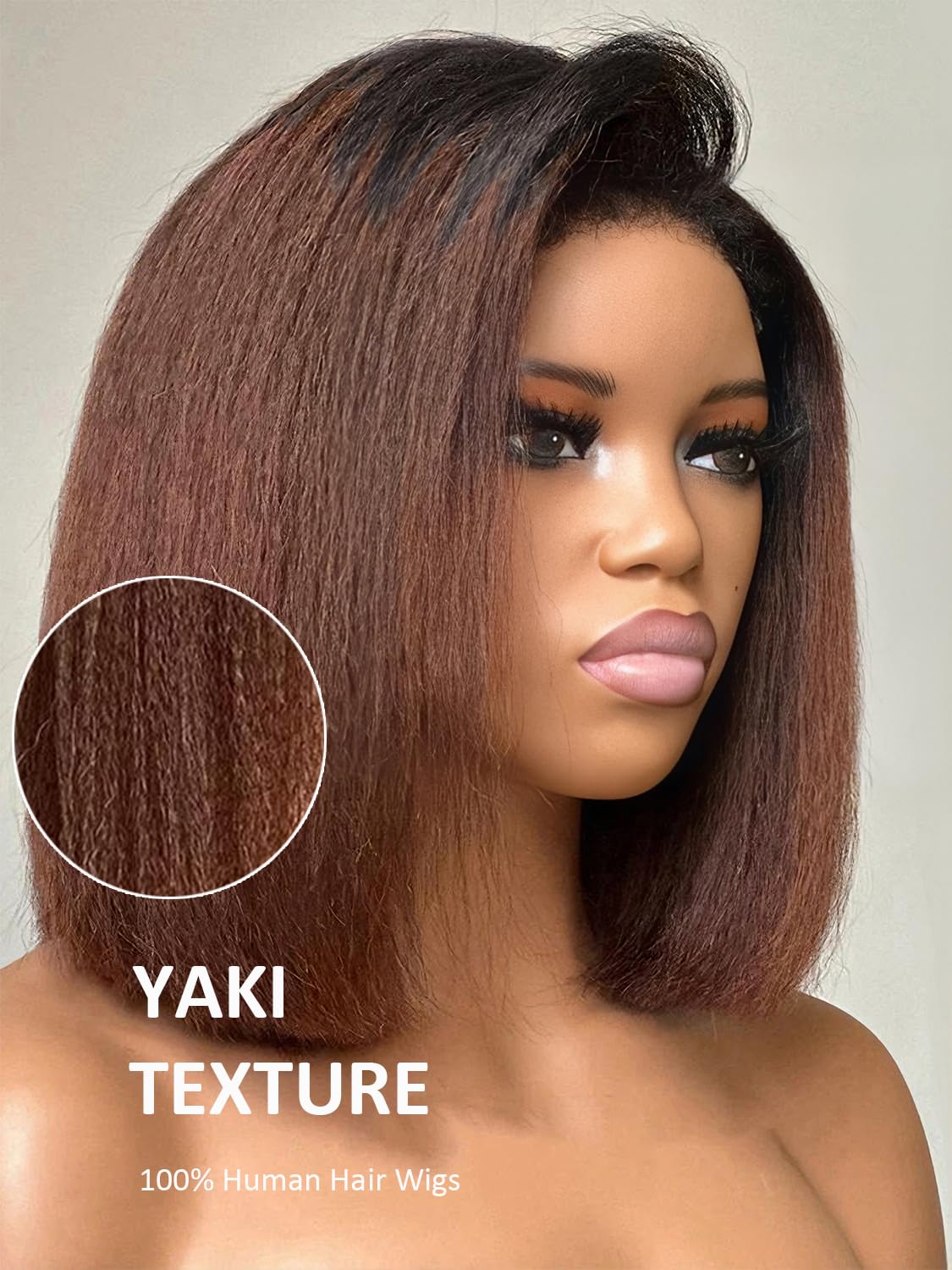 1B30 Color Kinky Straight Wig Human Hair with Curly Baby Hair Glueless Wigs Ombre Brown Short Bob Yaki Wigs For Black Women Side Part 13x6 Lace Front Wig Natural Hairline 14Inch