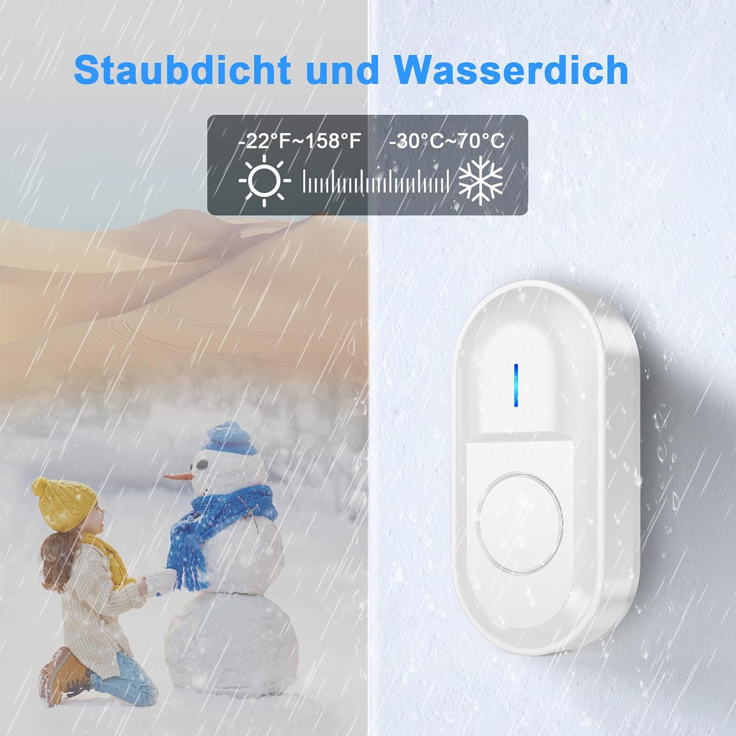 Image showing the doorbell transmitter in rain and snow, indicating its dustproof and waterproof capabilities and operating temperature range.