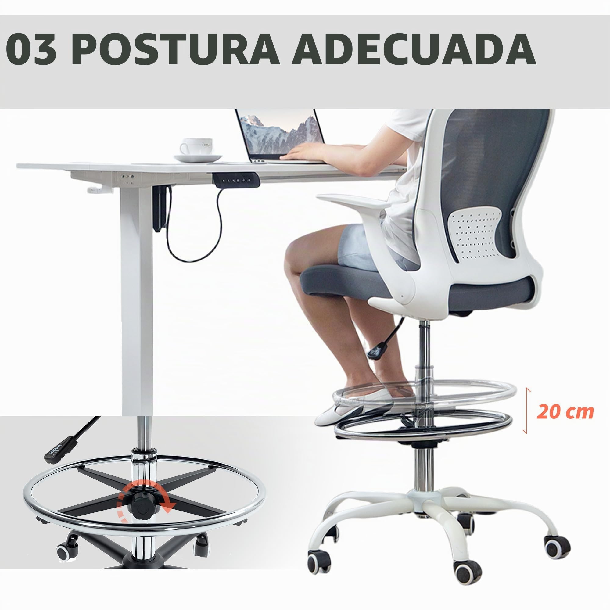 HOMCOM Silla de oficina ergonómica con reposapiés ajustable y reposabrazos elevables, Silla de dibujo con respaldo de malla, altura ajustable, reposabrazos altos, giratoria 360°, gris