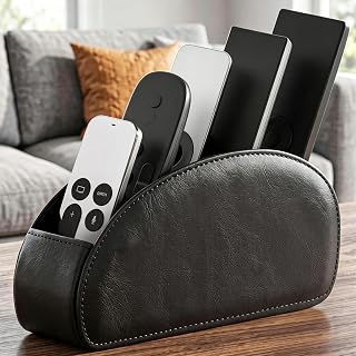 5-Compartment PU Leather Remote Control Holder With Individual - TV, DVD, VCR, Sound System Compatible Organizer-For Home, Bedroom, Storage - Remote Compatible (No/Chargers Storage),Black