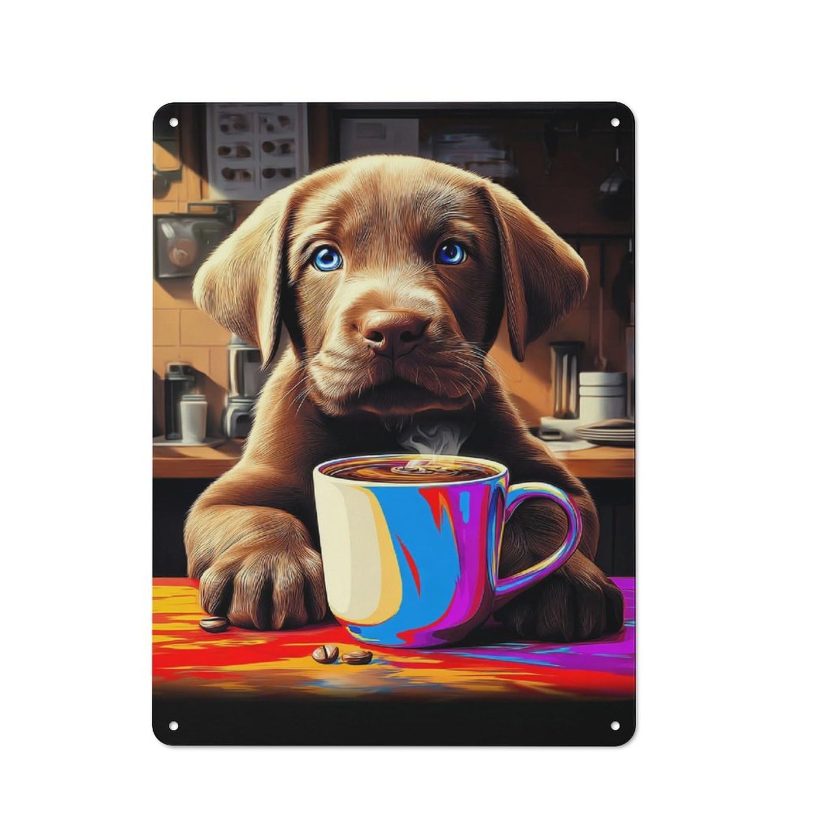 Junmoney Whimsical Puppy With Colorful Coffee Mug Simple Retro Metal Wall Plaque 40X30cm, Creative Space Decor For Office, Study, Studio Or Hallway