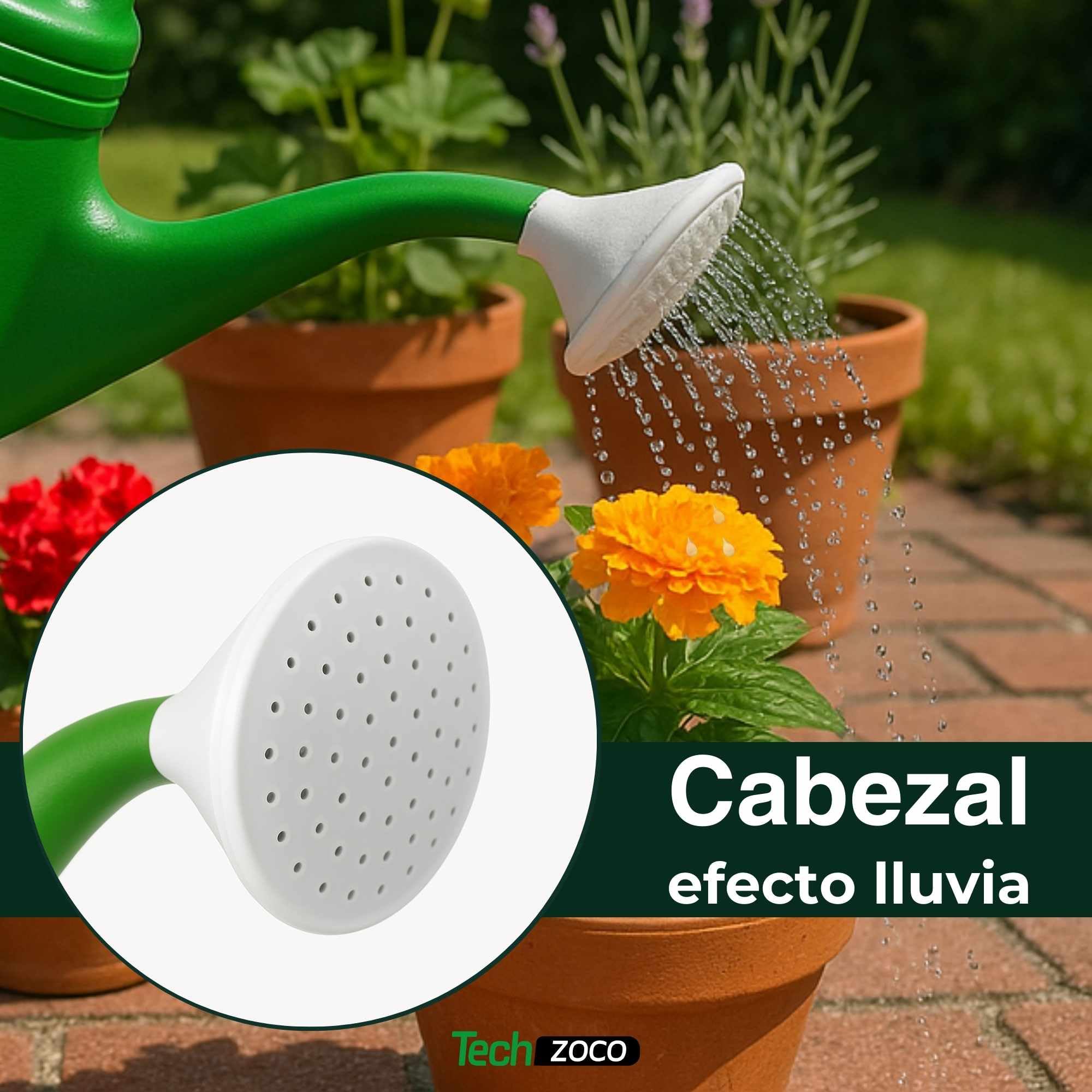 TECHZOCO Regadera de plástico, Regadera para Interior y Exterior, regadera de jardín, Diseño con Pico, Accesorio de riego, Asa de Transporte, Cabezal Efecto Lluvia, Verde, 6 litros