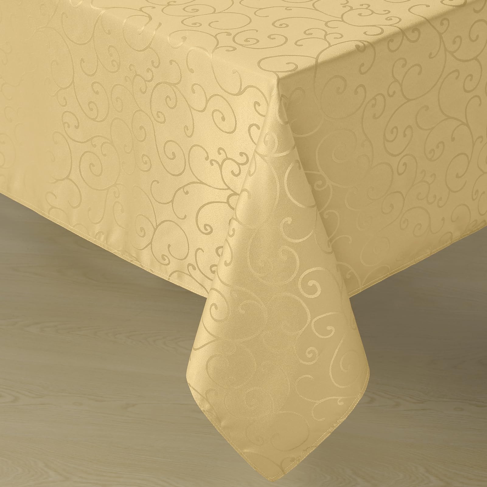 Romanstile Christmas Jacquard Rectangle Tablecloth - Gold Waterproof Damask Curly Floral Pattern Decorative Table Cloth, Heavy Weight Fabric Table