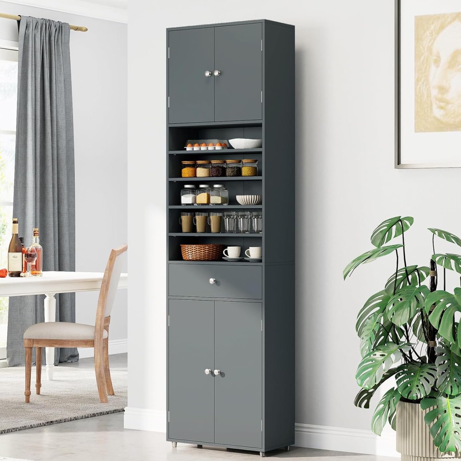 COSTWAY 180cm Tall Kitchen Cupboard, Buffet Pantry Storage Cabinet with 4 Door, Adjustable Shelves & Anti-tipping Device, Freestanding Sideboard Organizer for Home Dining Room (Grey)