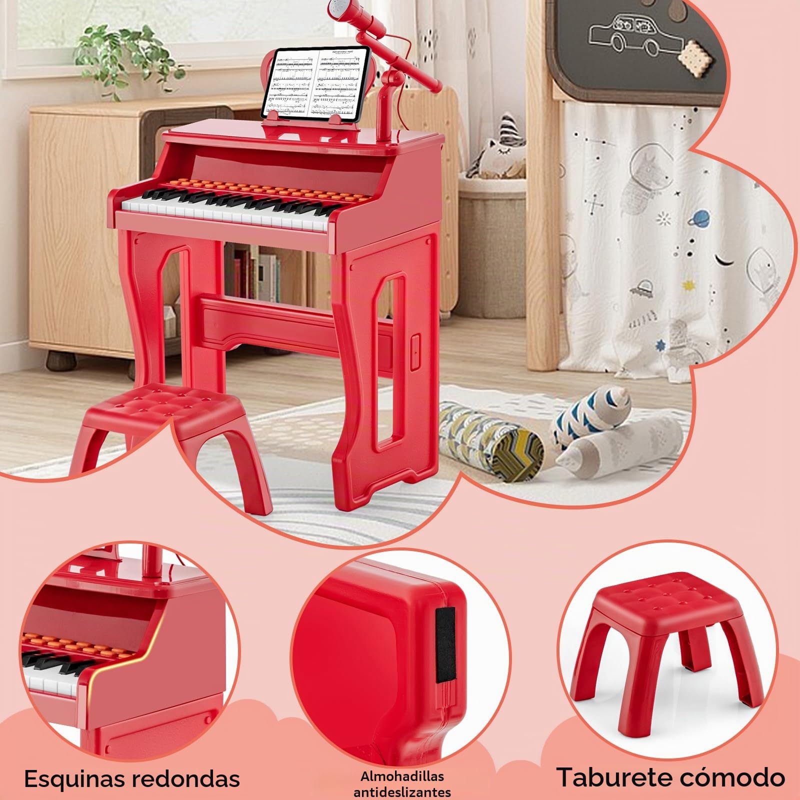 KOMFOTTEU Juego de Piano Infantil de 37 Teclas, Piano Electrónico con Atril Ajustable y Micrófono, Piano Teclado de Piano con Taburete, Teclado para Niños a Partir de 3 Años (Rojo)