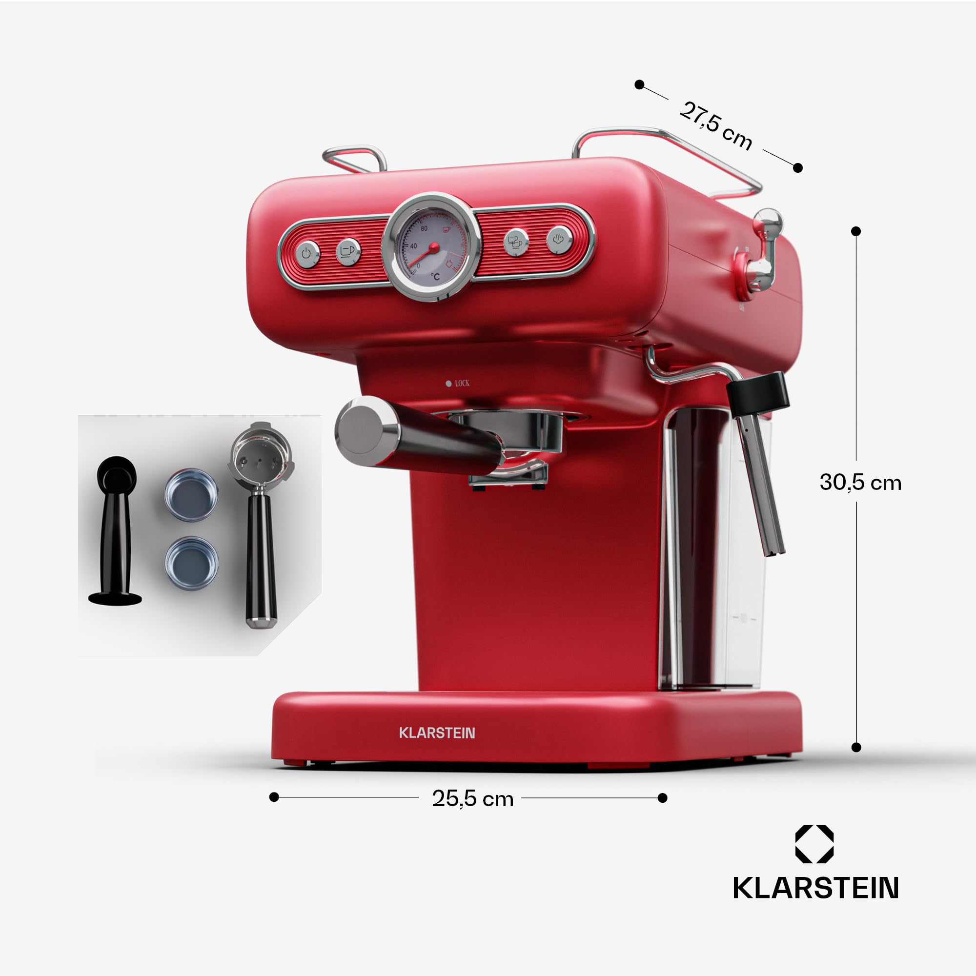 Klarstein Espressomaschine mit Siebträger, 950 W, 1,2 L, Edelstahl, Retro Mini-Espressomaschine für Cappuccino, Latte & Macchiato