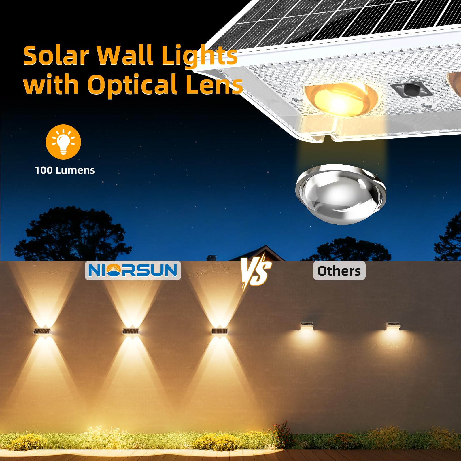NIORSUN Lampada Solare da Esterno, 8 Pezzi, Leggero Su e Giù, Impermeabili IP65, 3000K/4000K/6500K + RGB, Applique da Esterno Solare per Parete, Terrazza, Giardino, Garage, Recinzione（Bianco）
