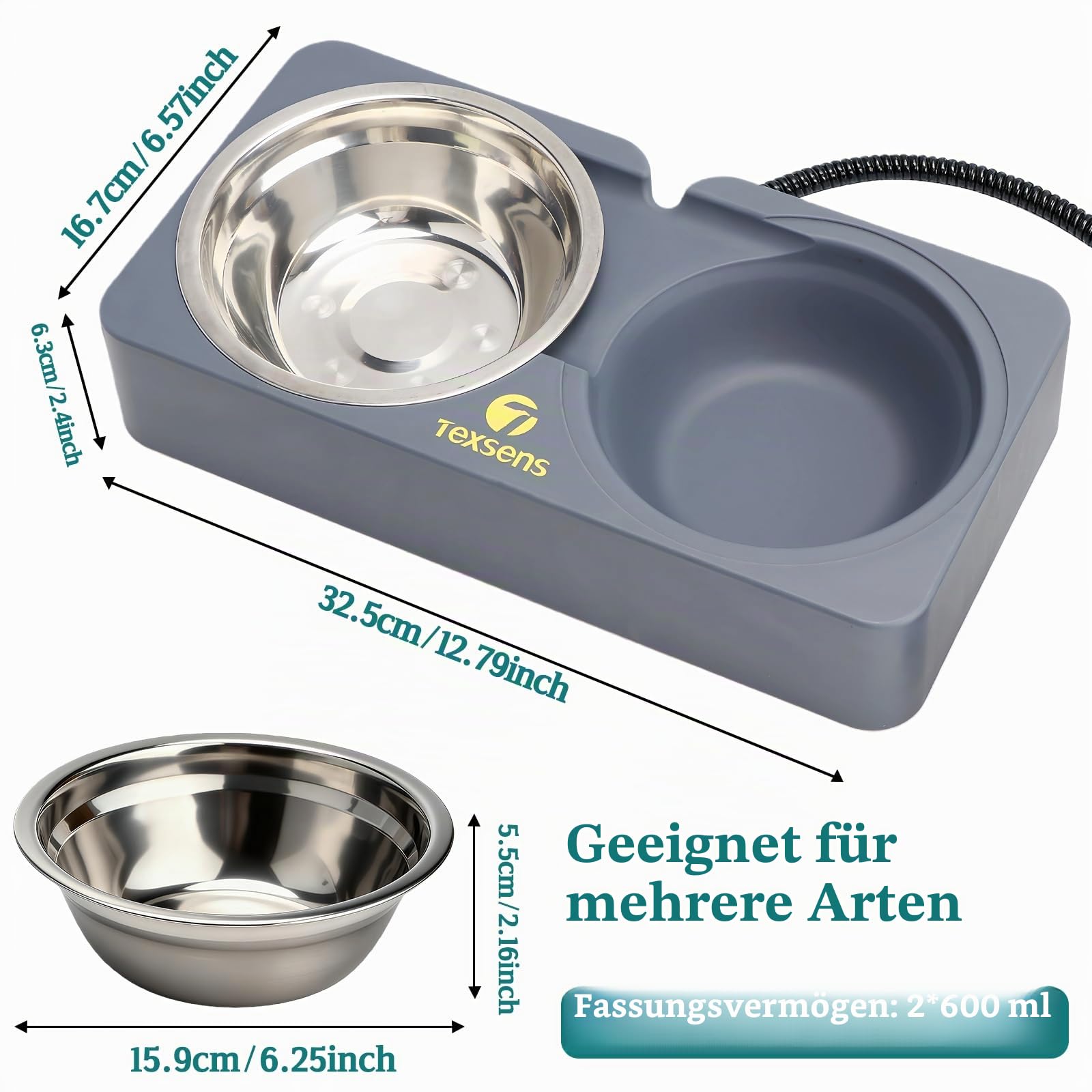 Beheizter Katzennapf für Haustiere im Freien – Doppelter Futternapf aus Edelstahl mit kaufester Schnur – vollständig wasserdichte Winter-Futterstation für Katzen und Hunde – je 575 ml