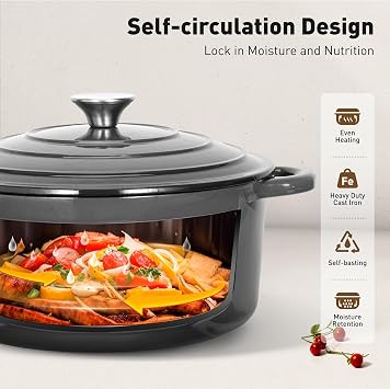 Kitchen Academy, Enameled Cast Iron Cookware Set, 7 PCS Set of Dutch Ovens | Cookware Set, Sauce Pan, Skillet, 3 Lids, Dutch Oven Set, Pots and Pans Set Nonstick Grey