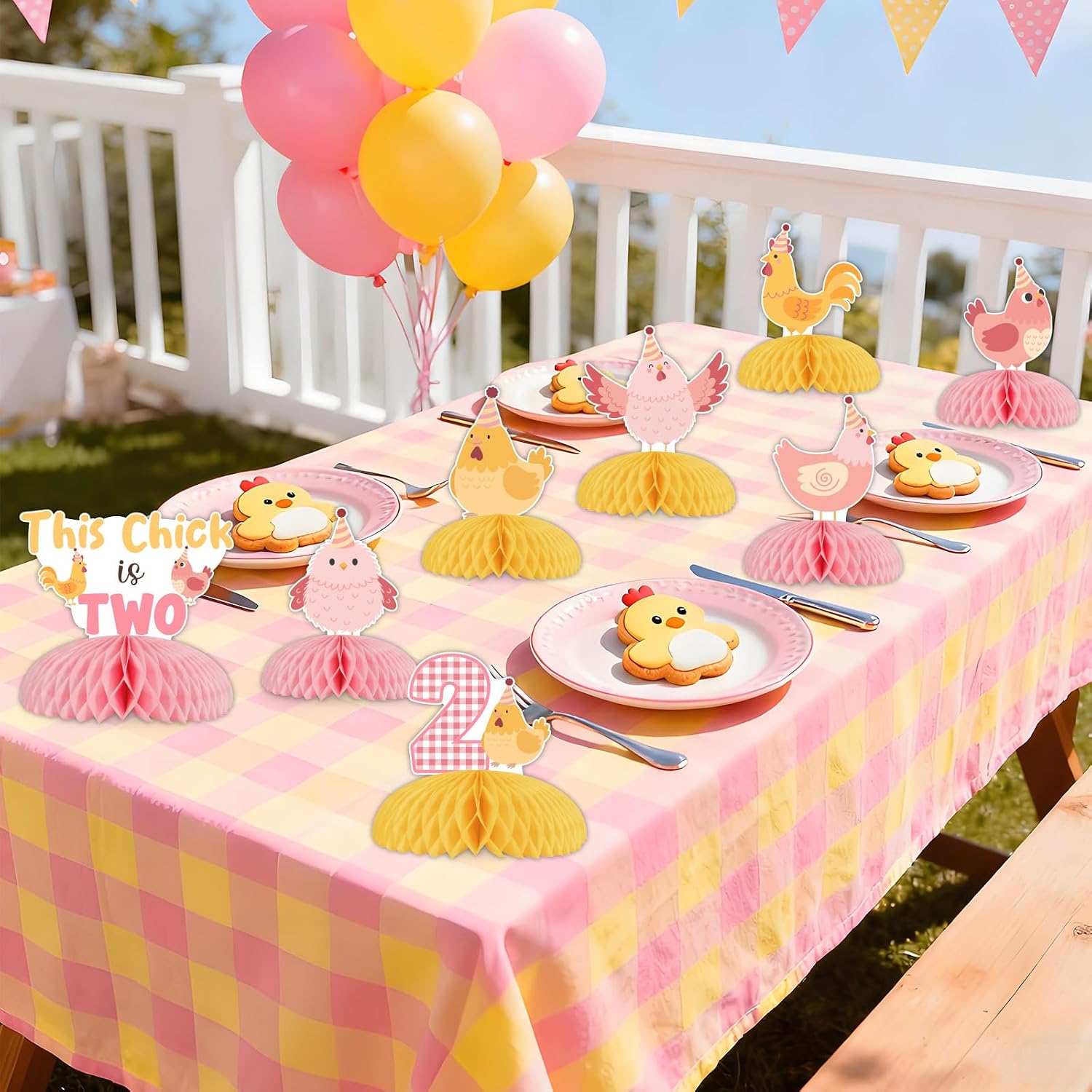 Kreatwow This Chick Is Two Birthday Honeycomb Centerpieces Chick 2nd Birthday Decorations Girl Farm Theme Table Décor Pink Yellow Double-Printed Paper Party Supplies for Indoor Outdoor Celebration