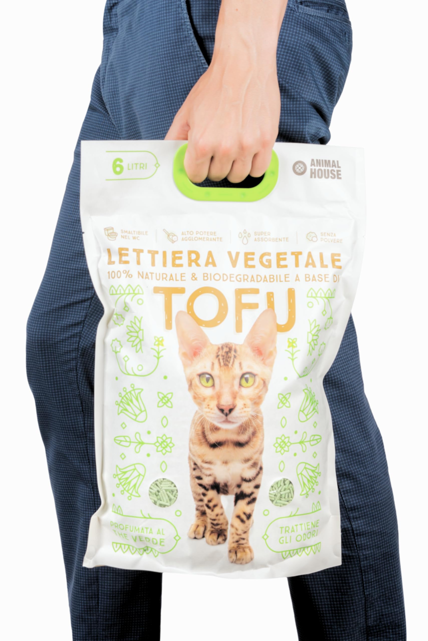 Animal House Lettiera Naturale al Tofu, Sicura per Umani e Animali, Non Graffia, Antipolvere, Profumata al Tè Verde, Trattiene gli Odori Senza Infastidire i Felini 2.6KG(6L)