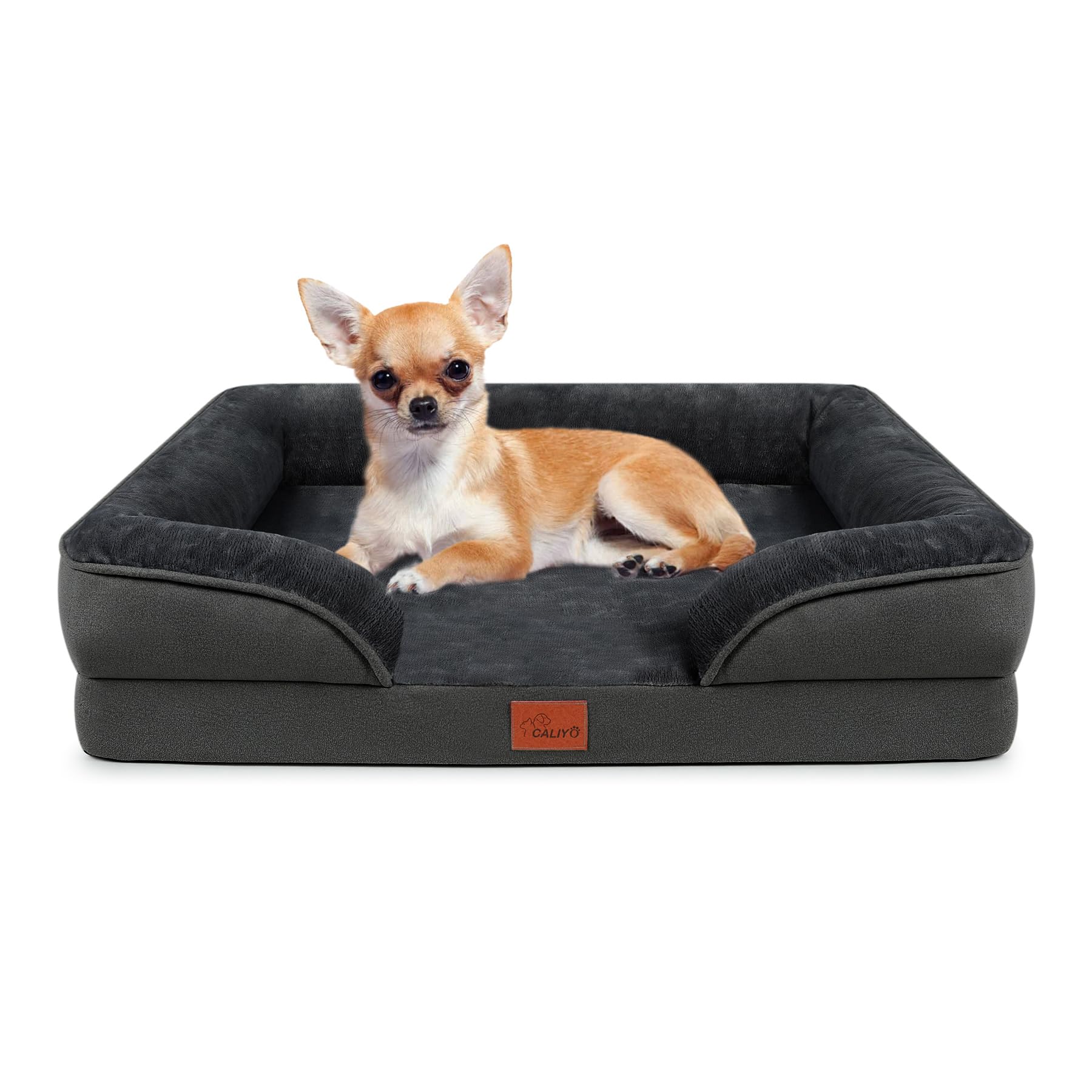 CALIYO Orthopädisches Hundebett für Kleine Hunde – 76×58×16 cm, Hundekissen aus umweltfreundlicher PP-Baumwolle, abnehmbar, waschbar, rutschfestes Hundesofa mit 3 Rändern（Dunkelgrau）