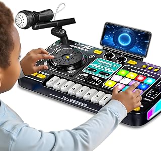 TSOMTTO Kids DJ Mixer Controller Table Musical Toy with LED Lights, Microphone, Piano Keys - Fun Electronic DJ Board for 3-7 Year Old Boys Girls