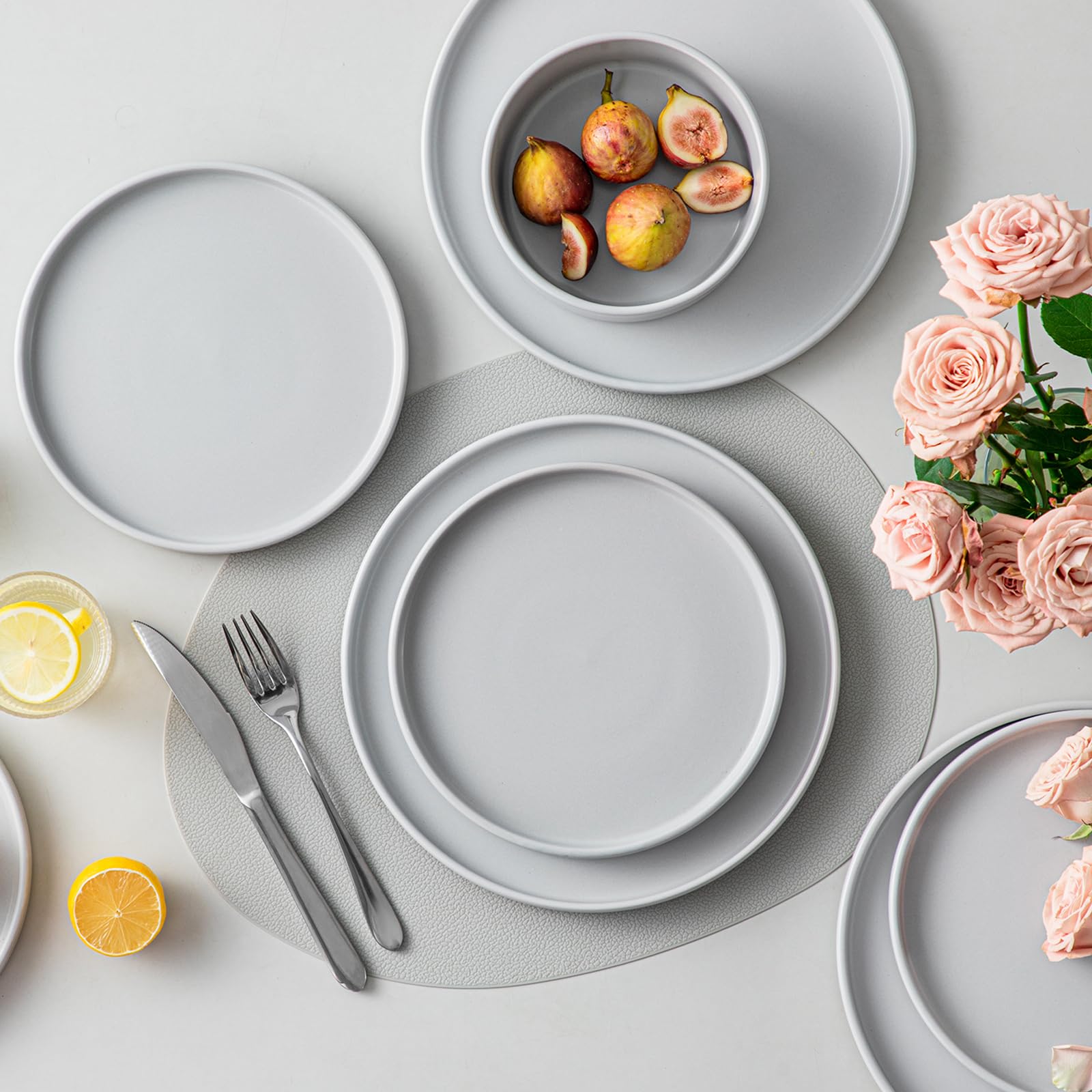 Vancasso Venus Service 12 Pièces Grès Mat – 4 Assiettes Plates 26,6 Cm, 4 Assiettes Dessert 21,3 Cm, 4 Bols 720 Ml – Style Moderne Gris