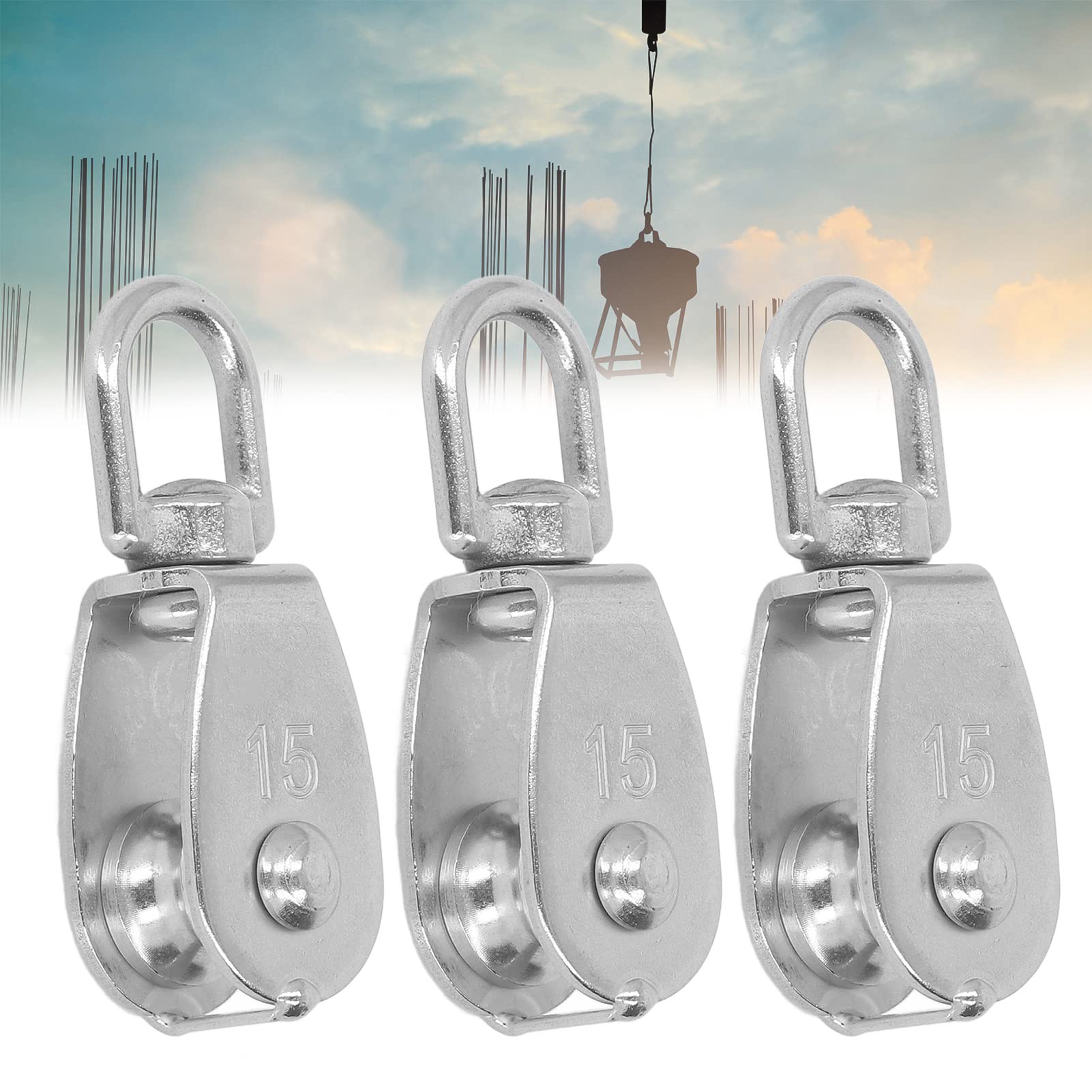 3PCS M15 Wire Rope Crane Pulley Block, Stainless Steel Single Pulley Block Hanging Heavy Duty Wire Towing Wheel Single Wheel Swivel Rigging for Camping Hiking,35kg