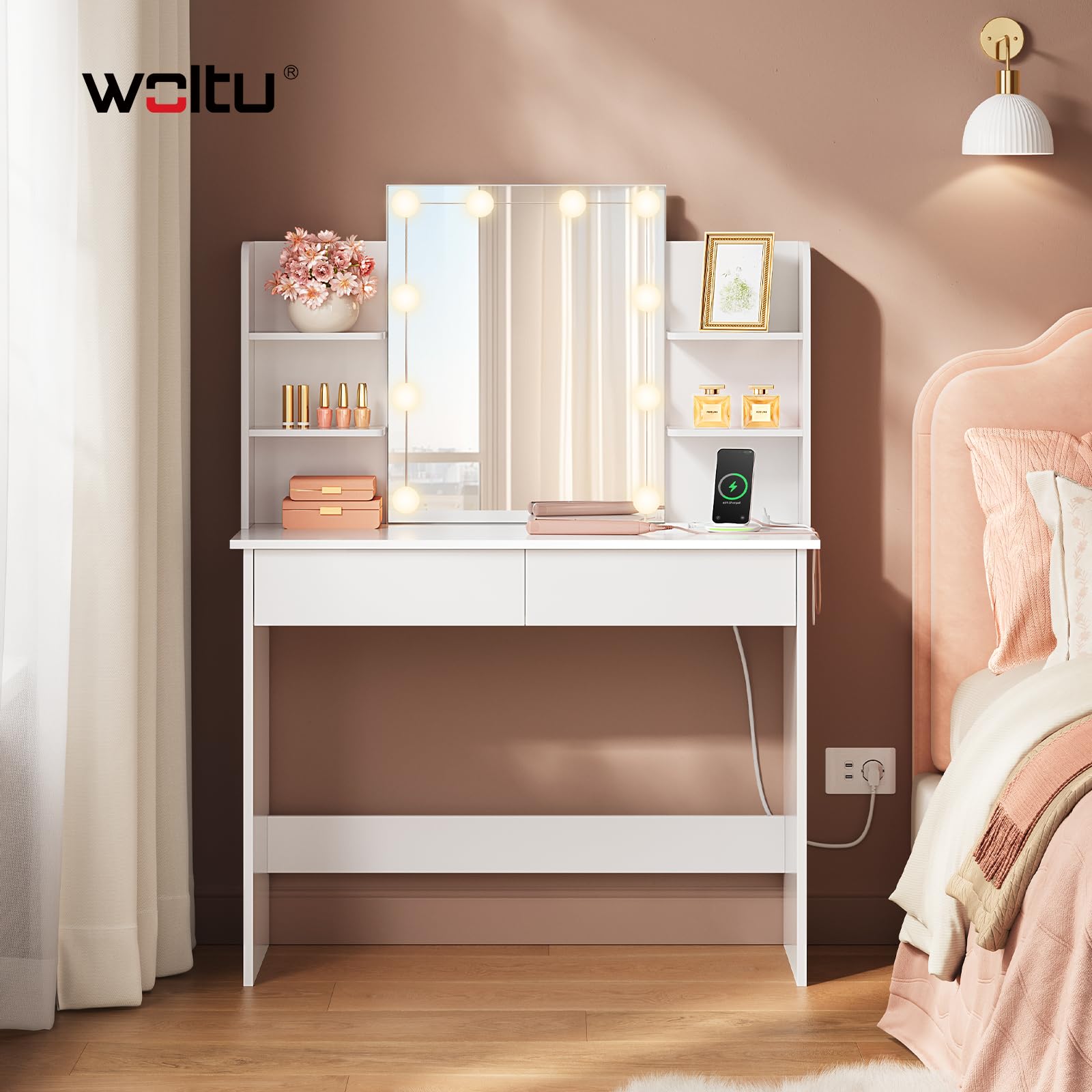 WOLTU Tocador de Maquillaje con Espejo, Luz LED, Regleta de Enchufes, 2 Cajones y 4 Estantes, Ancho 90 cm, Mesa de Tocador Moderno para Dormitorio, Blanco, MB6123ws