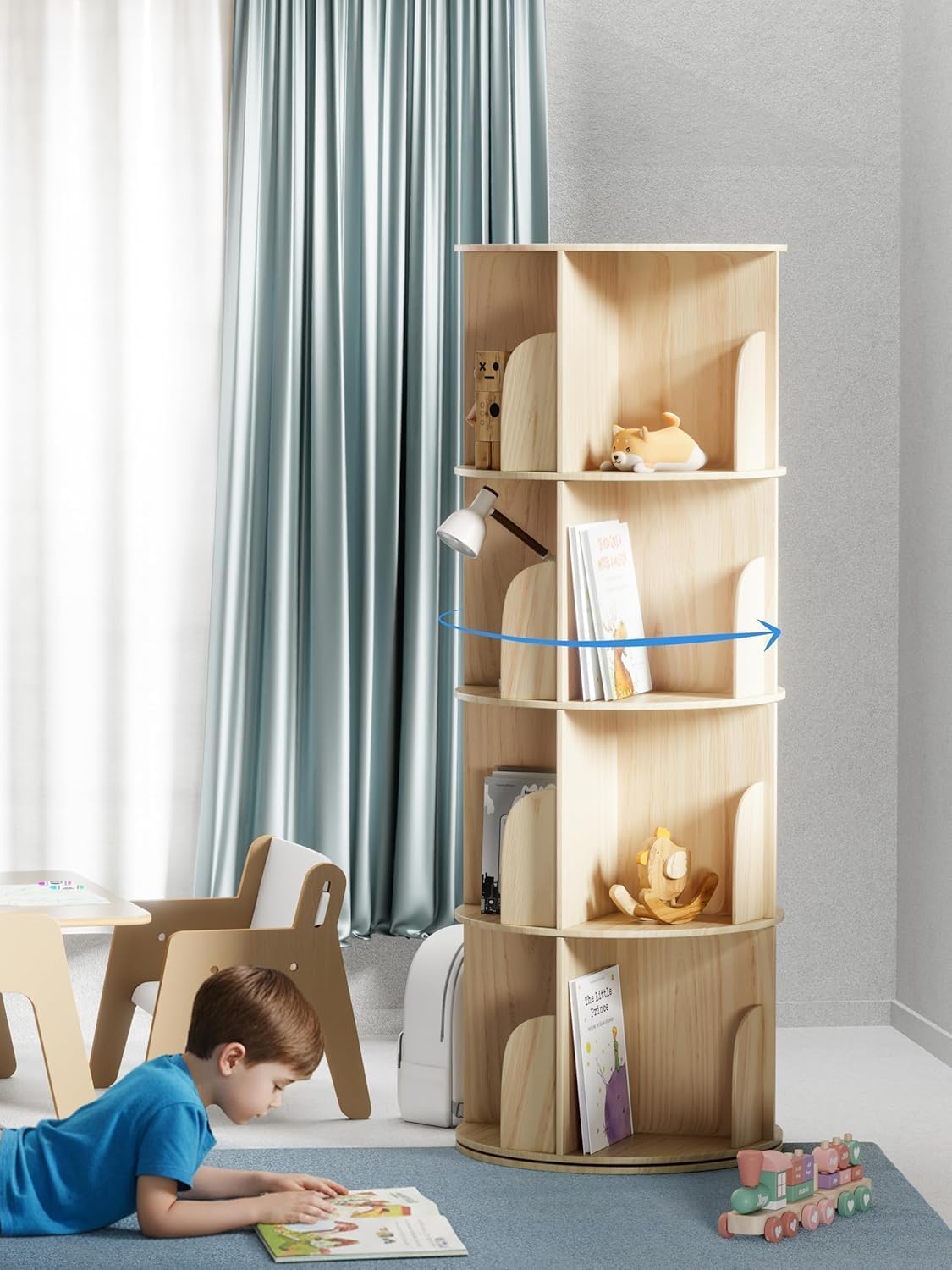 360° Drehbares Bücherregal Kinder - Kiefernholz Bücherregal Drehbar Kinder mit 4 verstellbaren Ebenen 130x46x46 cm - Drehregal, Standregal