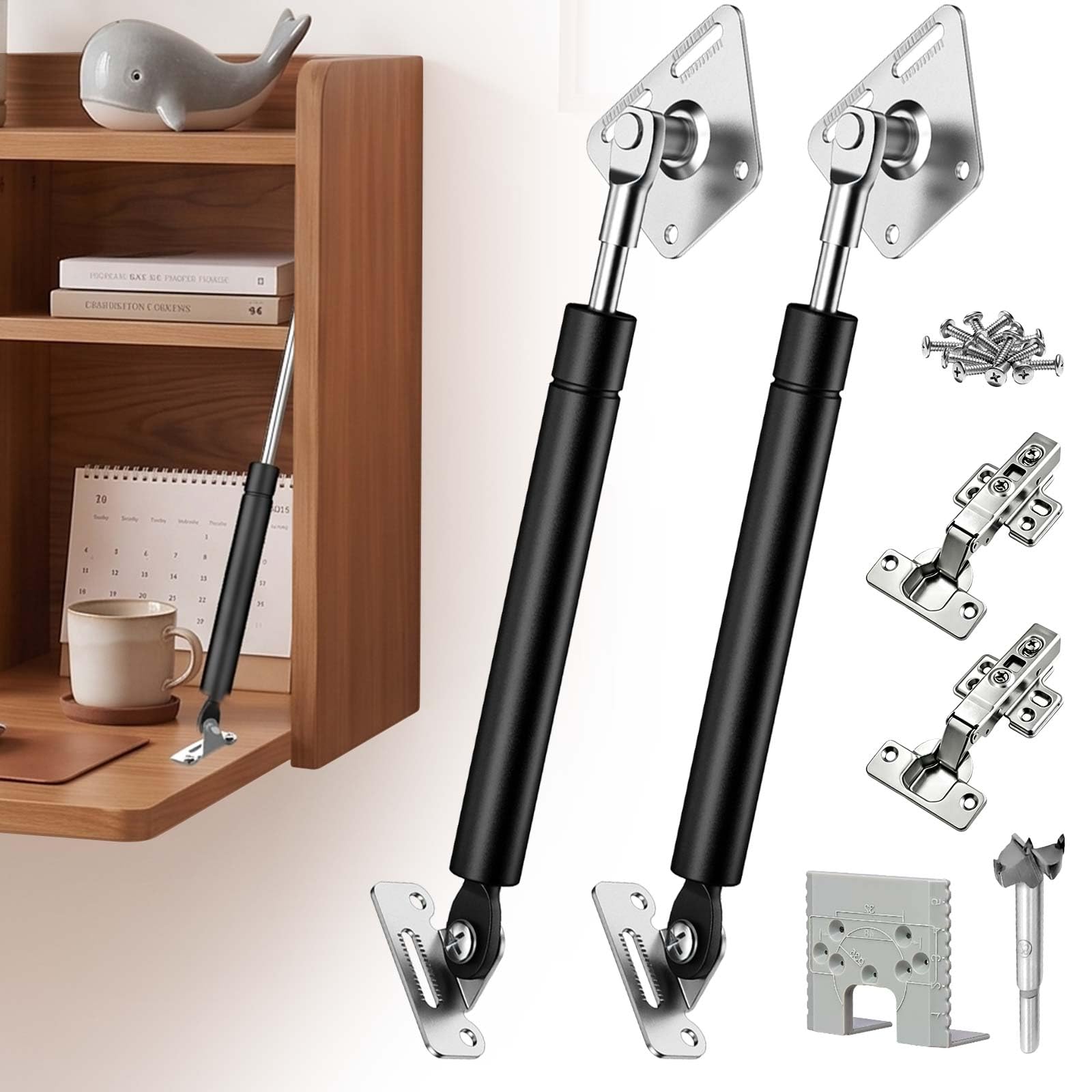 Drop Down Hinges, 100N Soft Close Gas Struts, Gas Spring Hinges for Down Opening Cabinet Doors, Kitchen Cabinet, TV Cabinet, Bookcase, Includes 90 Degree Cabinet Hinge โ image 1